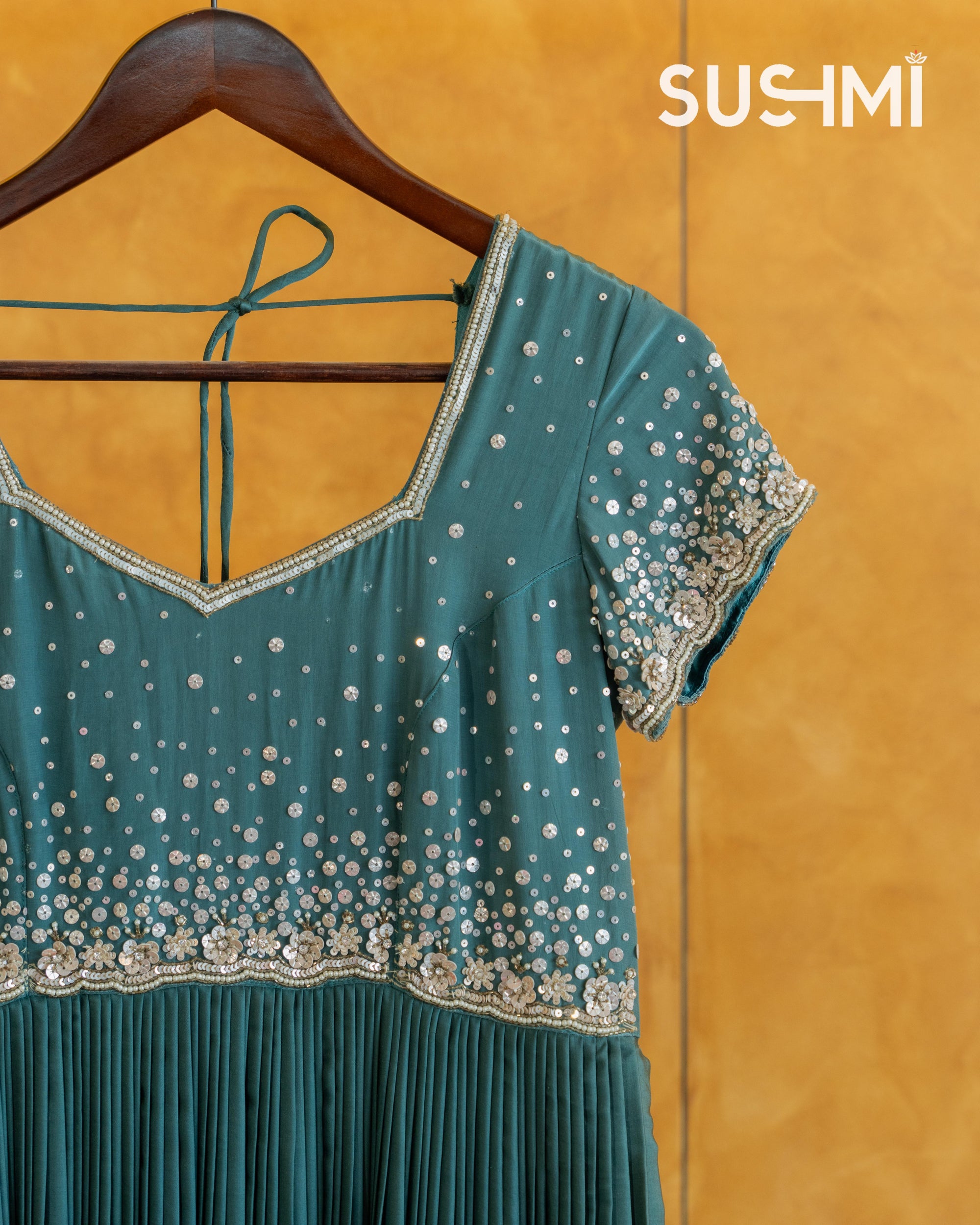 Peacock Blue Modal Satin Silk Long Frock with handwork yoke