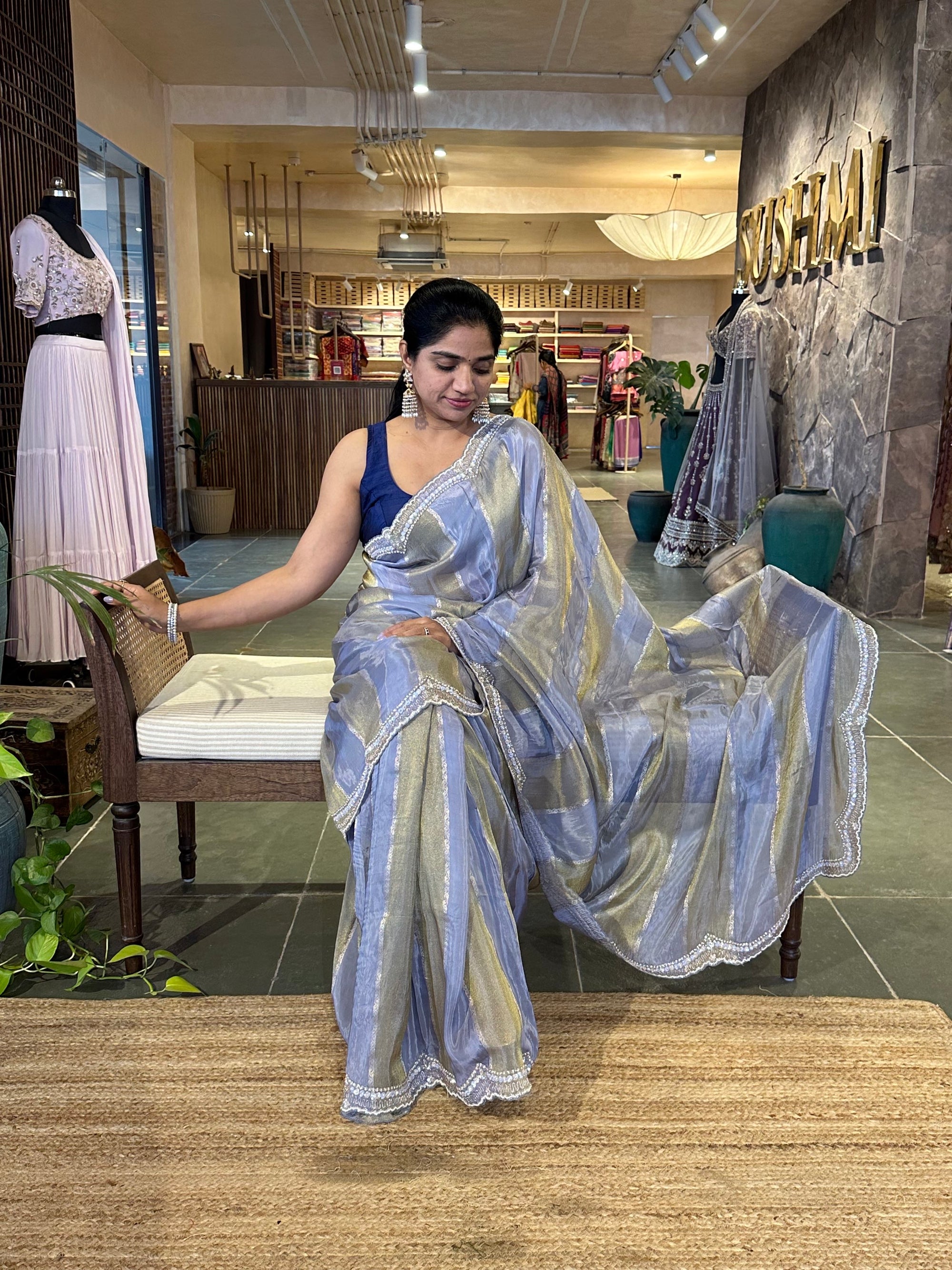 Slate Blue Tissue and kora brasso Saree with Scalloped handwork borders & blouse