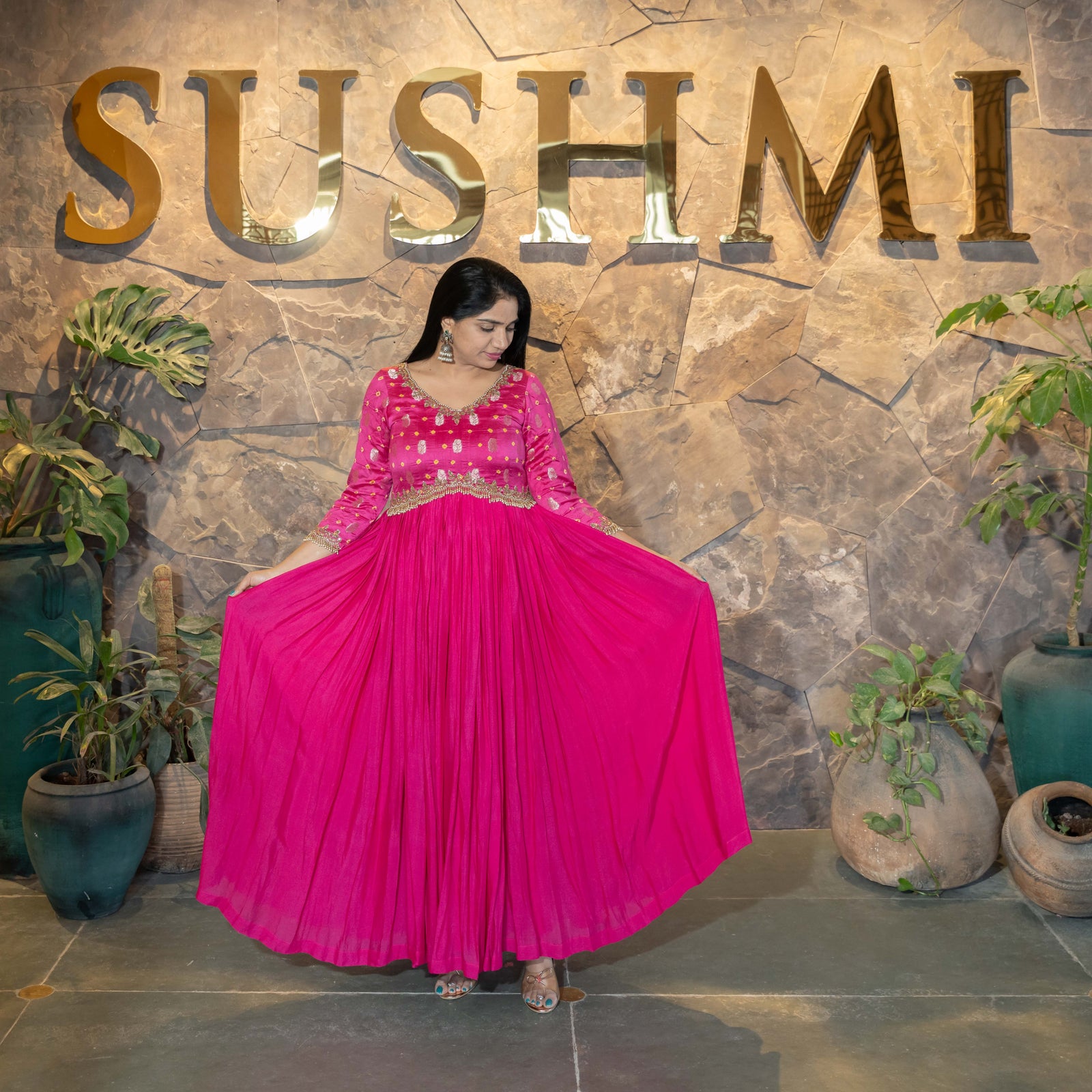 Bandhini Long  Frock with handwork yoke