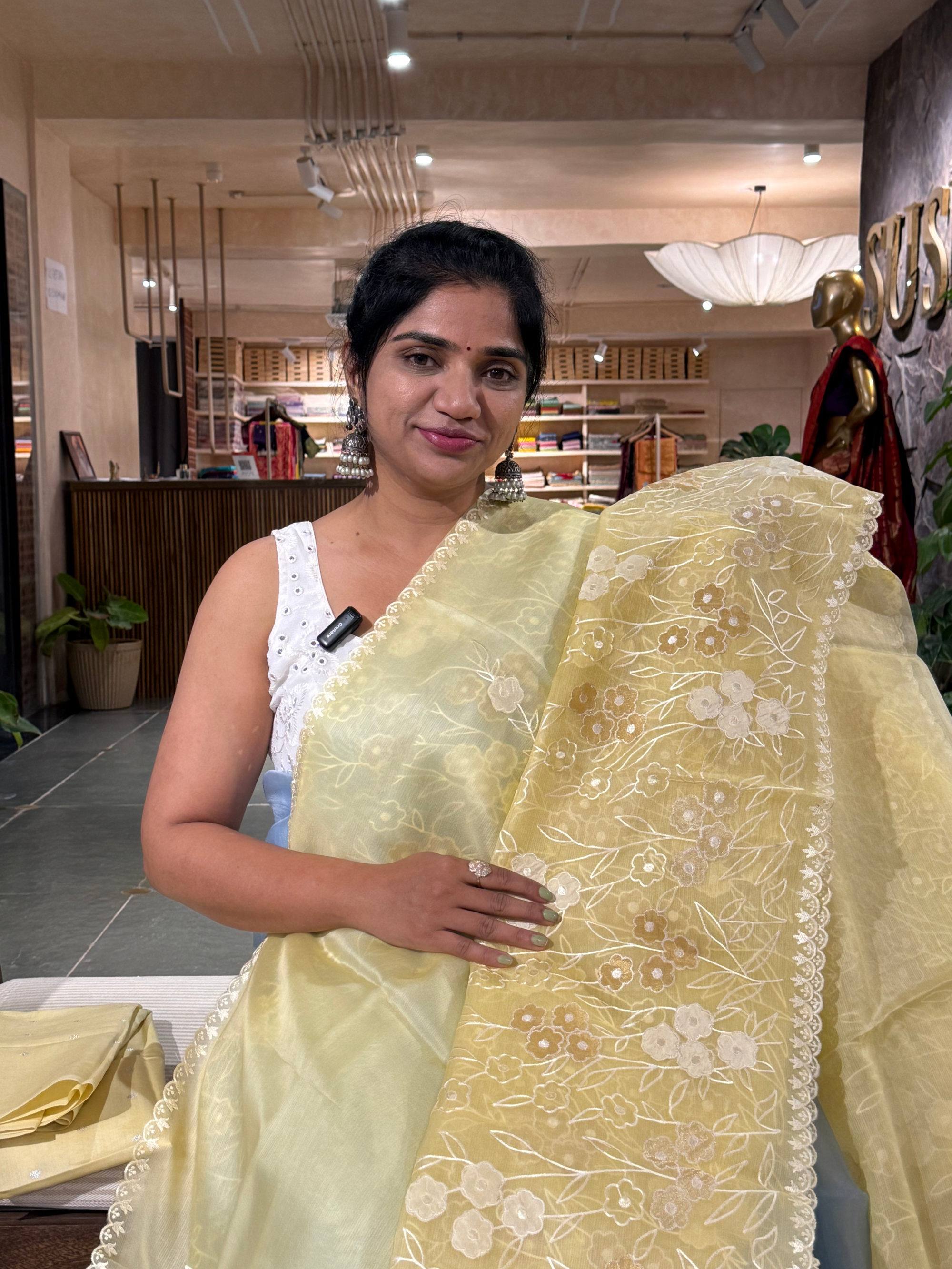 Besan Yellow Organza Applique work Saree