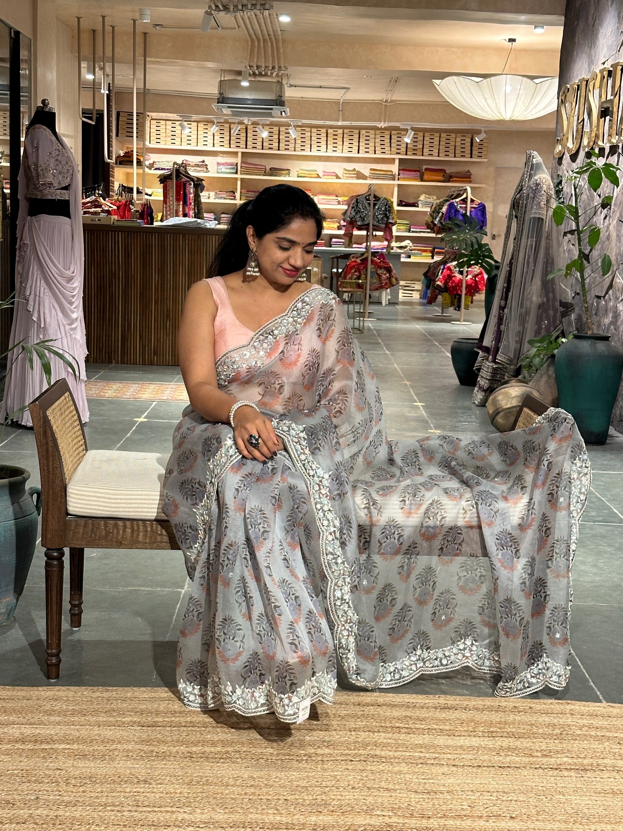 Silverish Grey Pure Organza  handwork  Saree with Sabyasachi  floral print