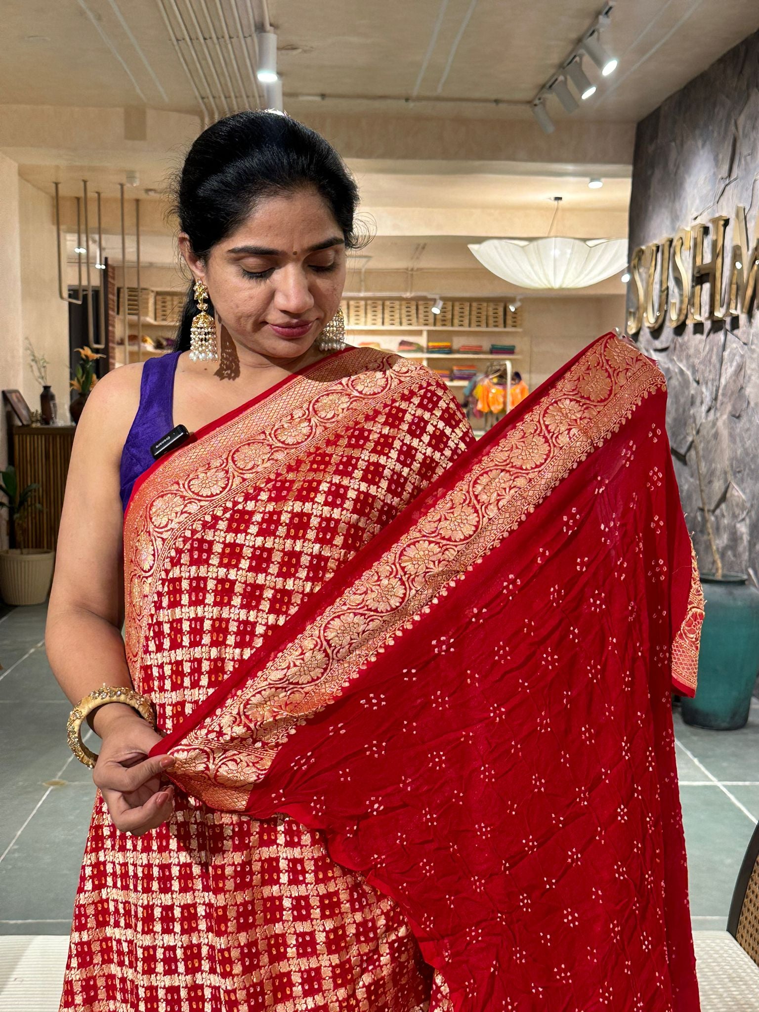 Red banarsi khaddi georgette handmade bandhej work