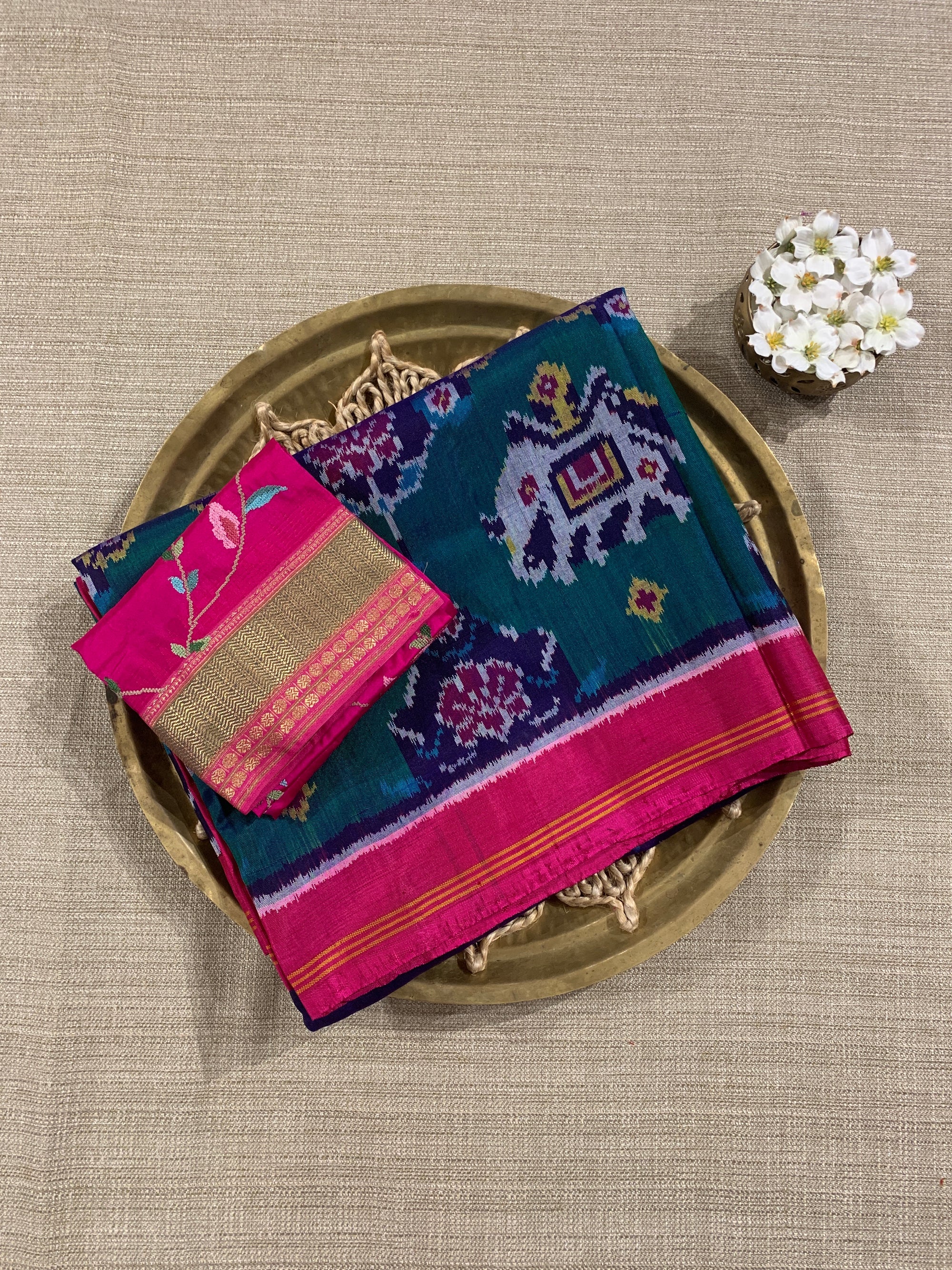 Navy Blue and Peacock Combo Pure Patan Patola Saree