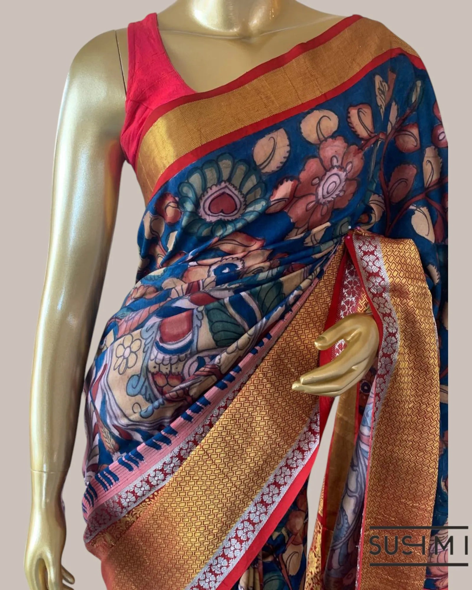 Blue Kanchi Pen kalamkari handpainted saree with heavy borders