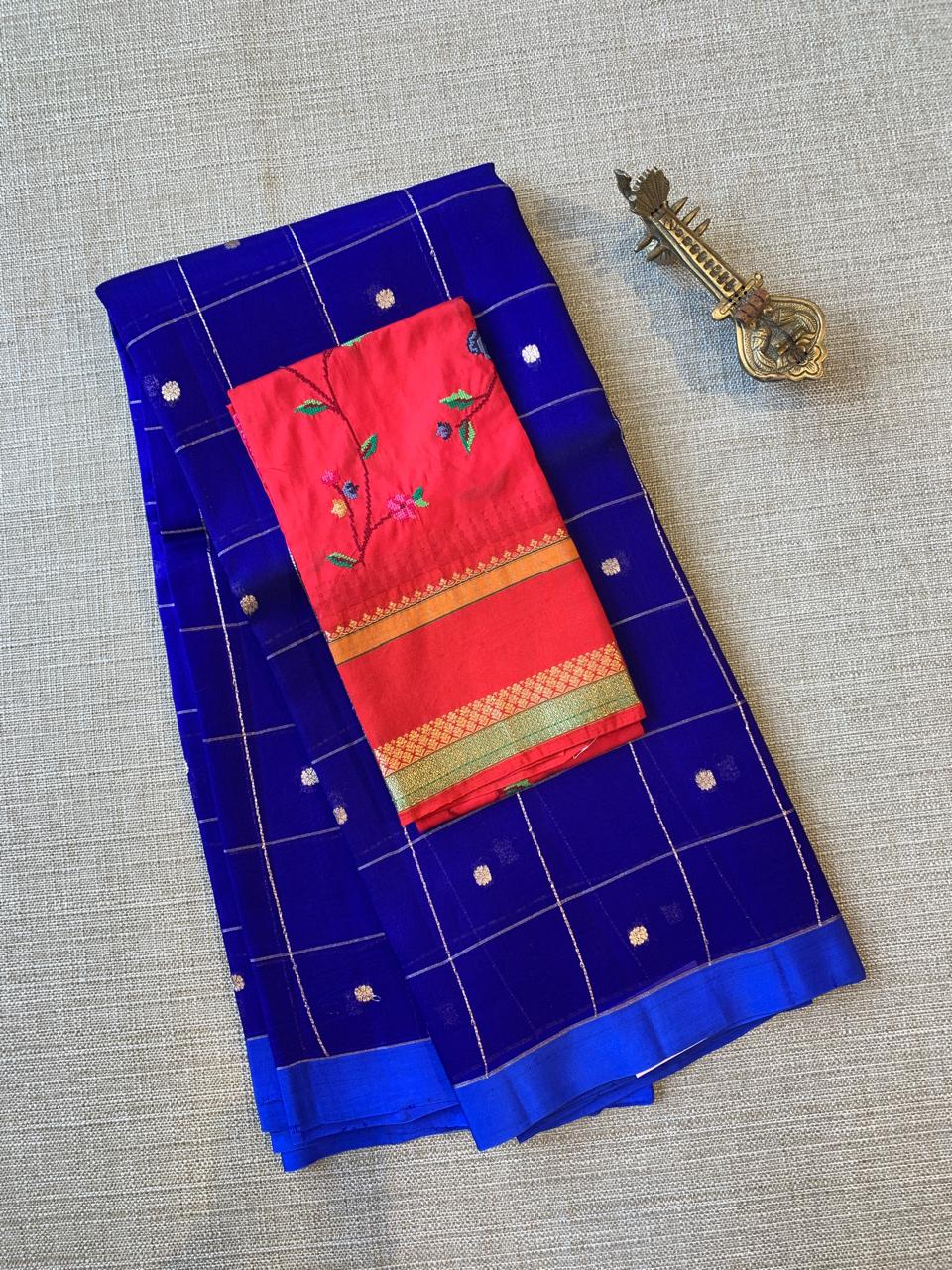 RoyalBlue Handloom Banarasi Kora Checks Saree with Kaduwa Woven Zari Motifs .