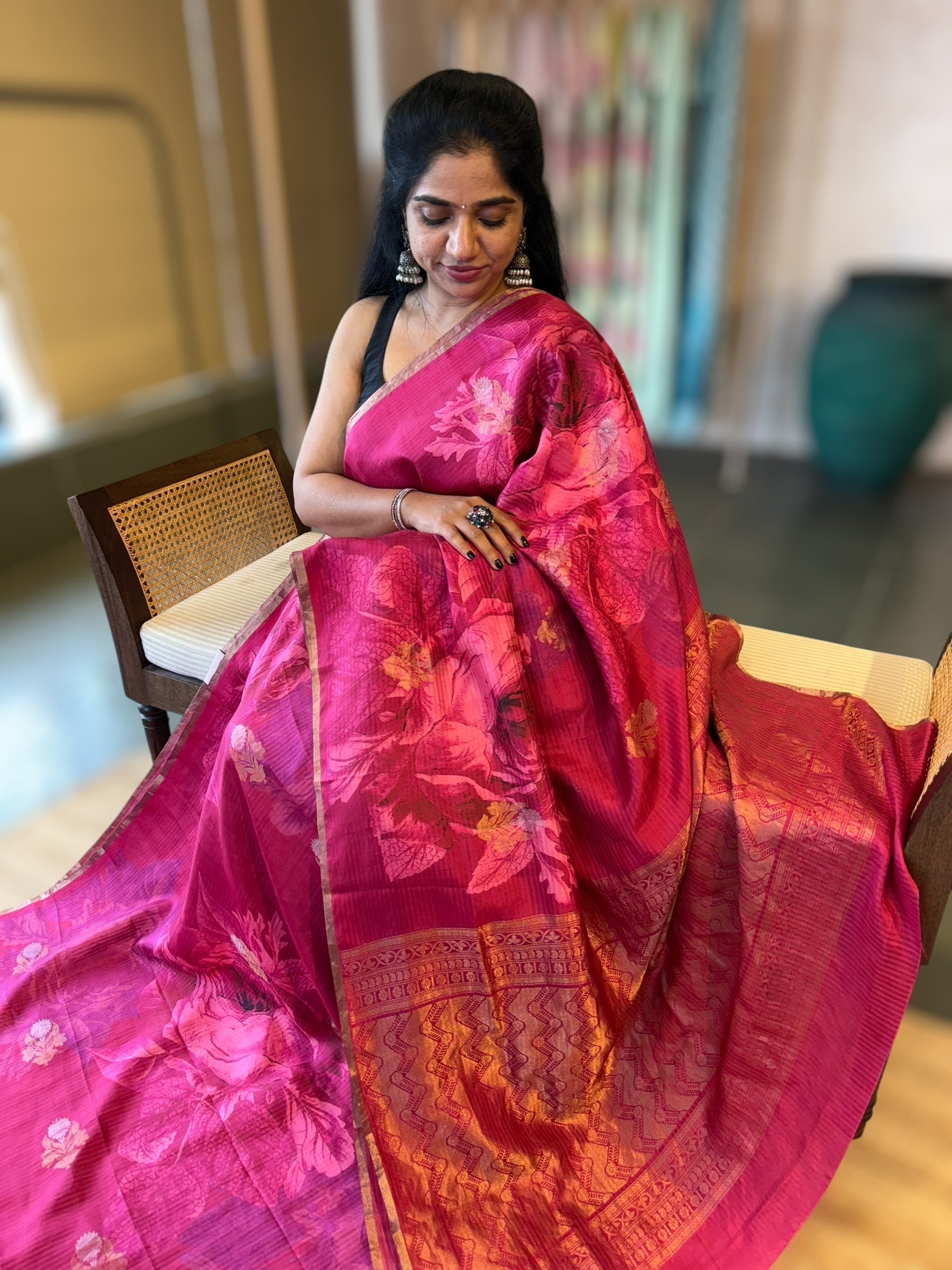 Ruby Pink Kanchi Soft Silk Saree With Statement 3D Rose Print allover