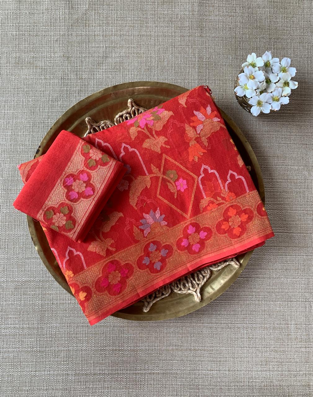 Carrot Color Banarasi Handloom Cotton  Cut Jamdani Saree With Allover Meenakari
