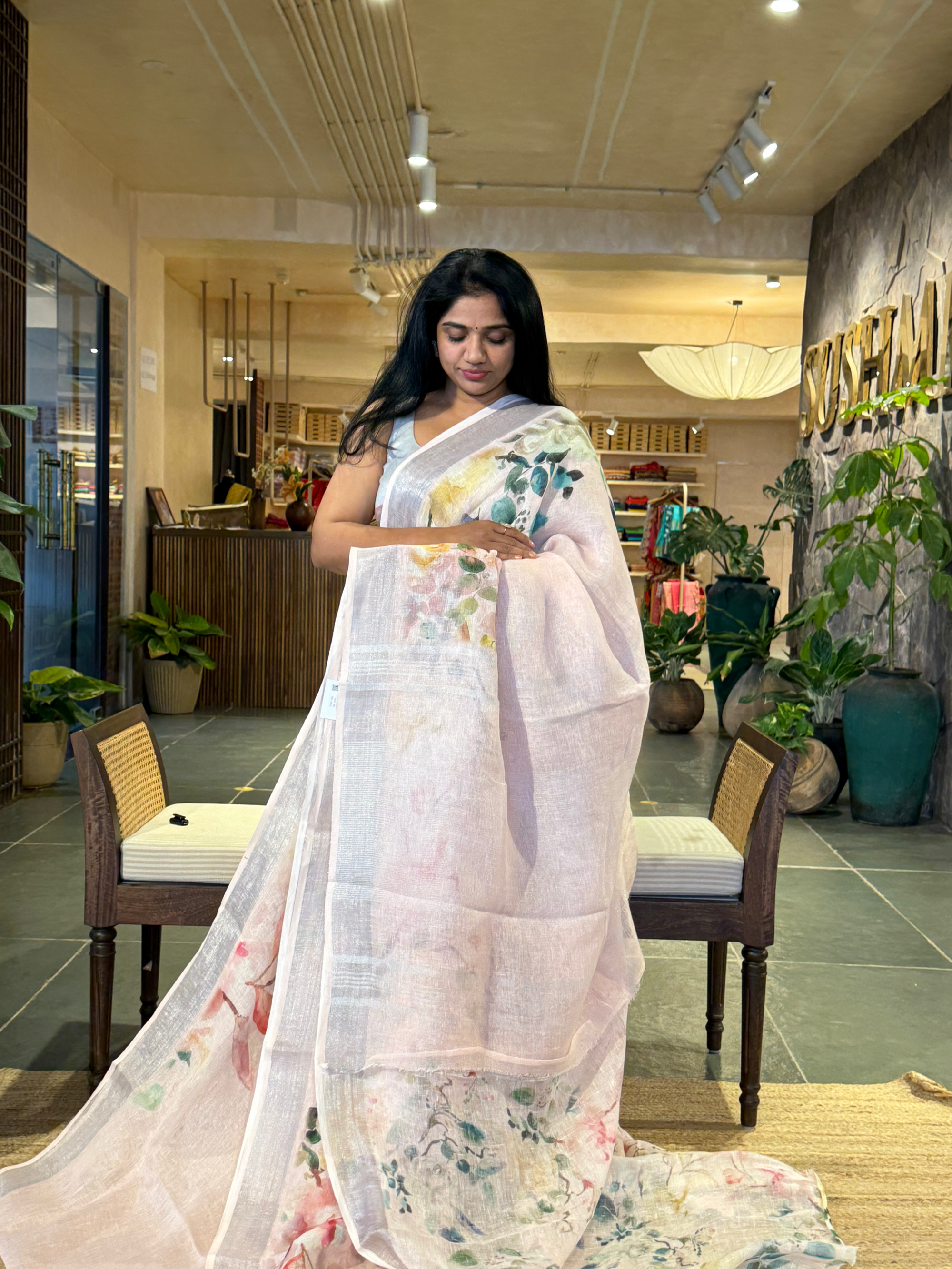 Baby Pink Pure Handloom Lenin Printed Sarees With Silver Zari Border