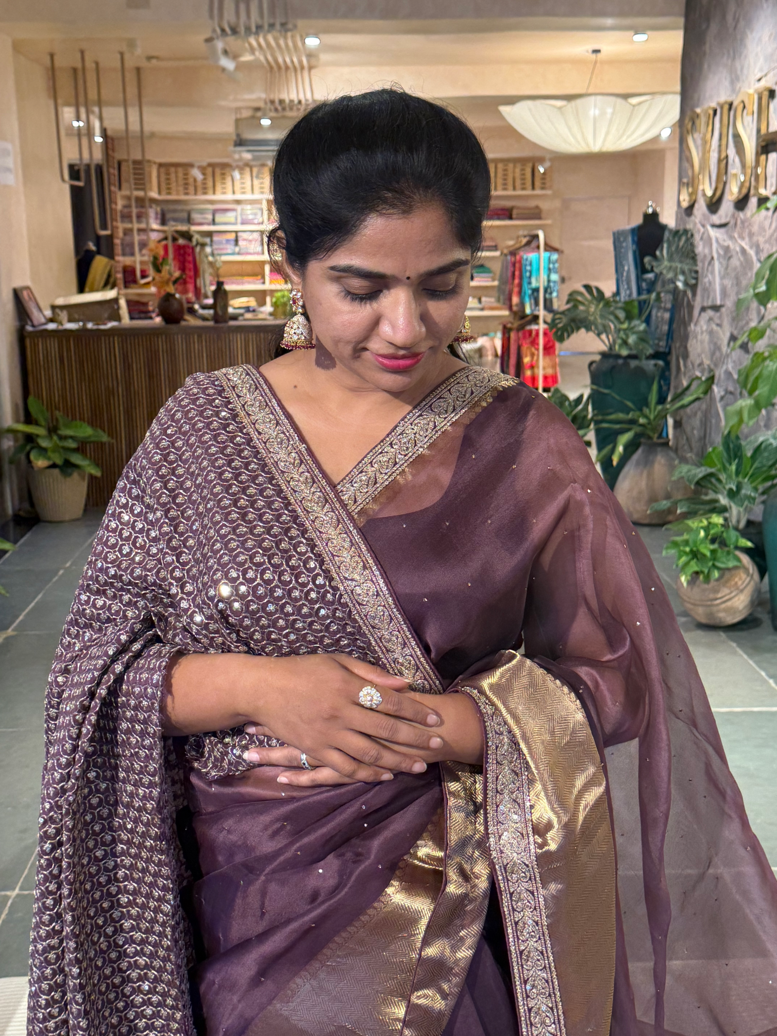 SK1091412ORG:Brownish Wine Kanchi Kora Saree with allover mukaish handwork