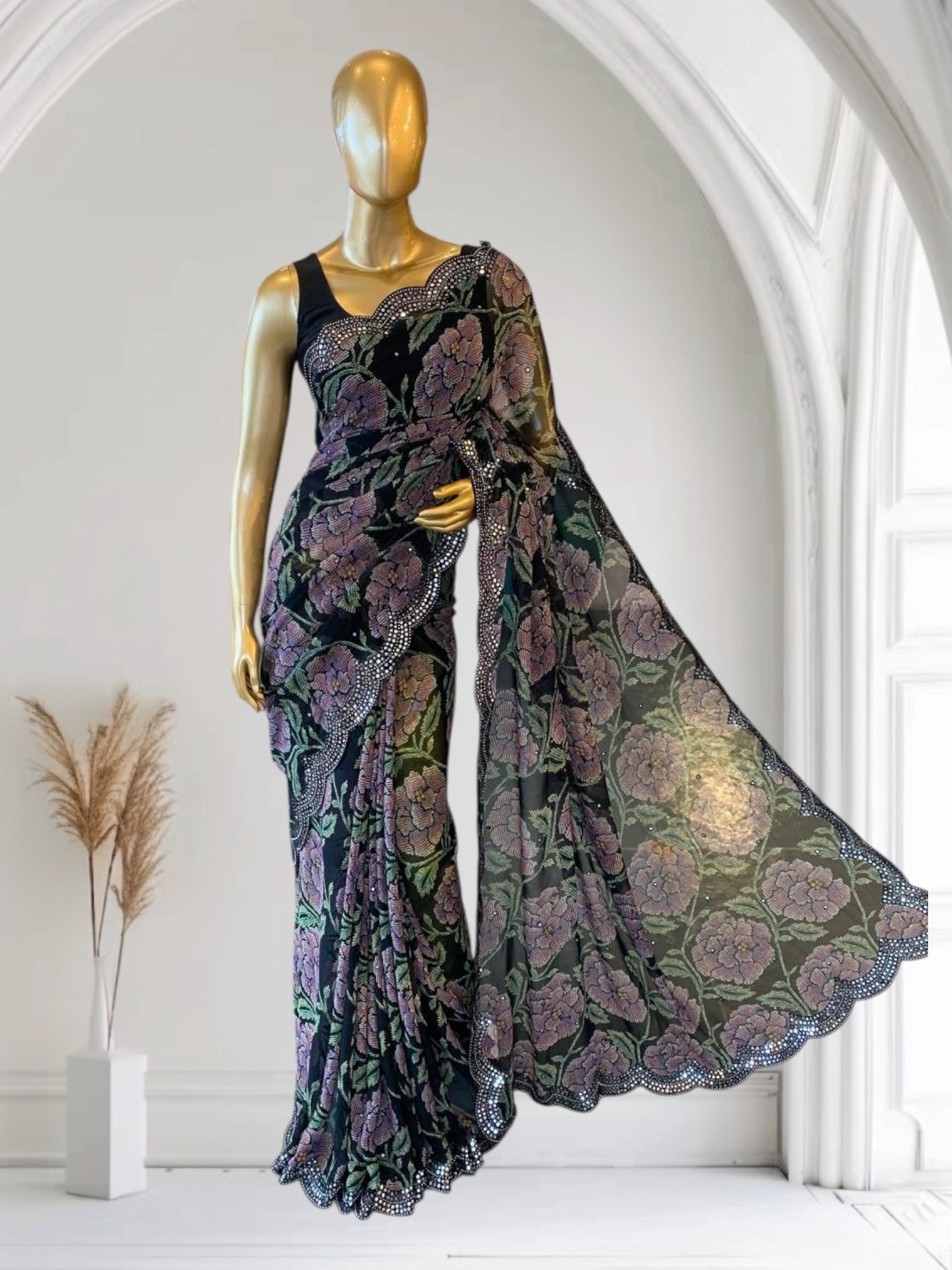Black Gorgette prints with handwork mirrorwork borders