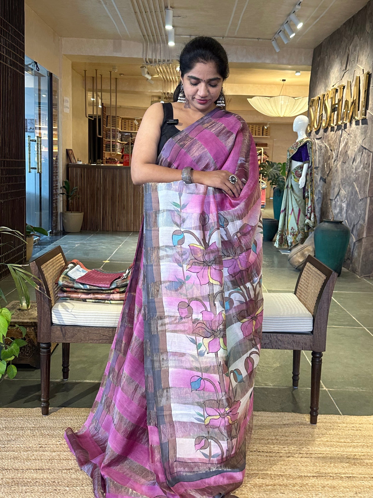 Pure Handloom Banarasi Munga Tissue  Saree with handpainting
