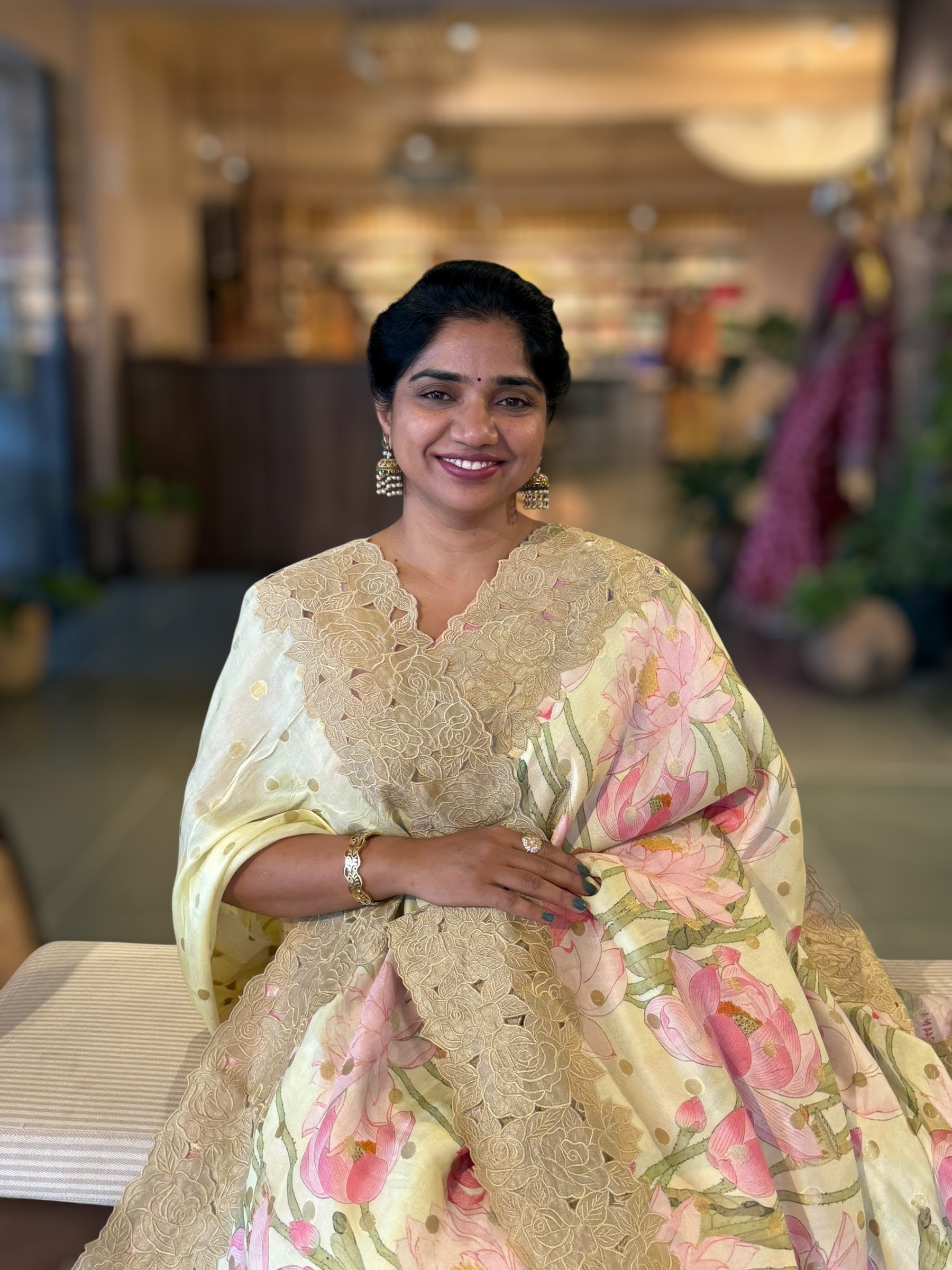 Lemon Banarasi Printed Tussar Khaddi Gorgette With Tissue cutwork Rose Border