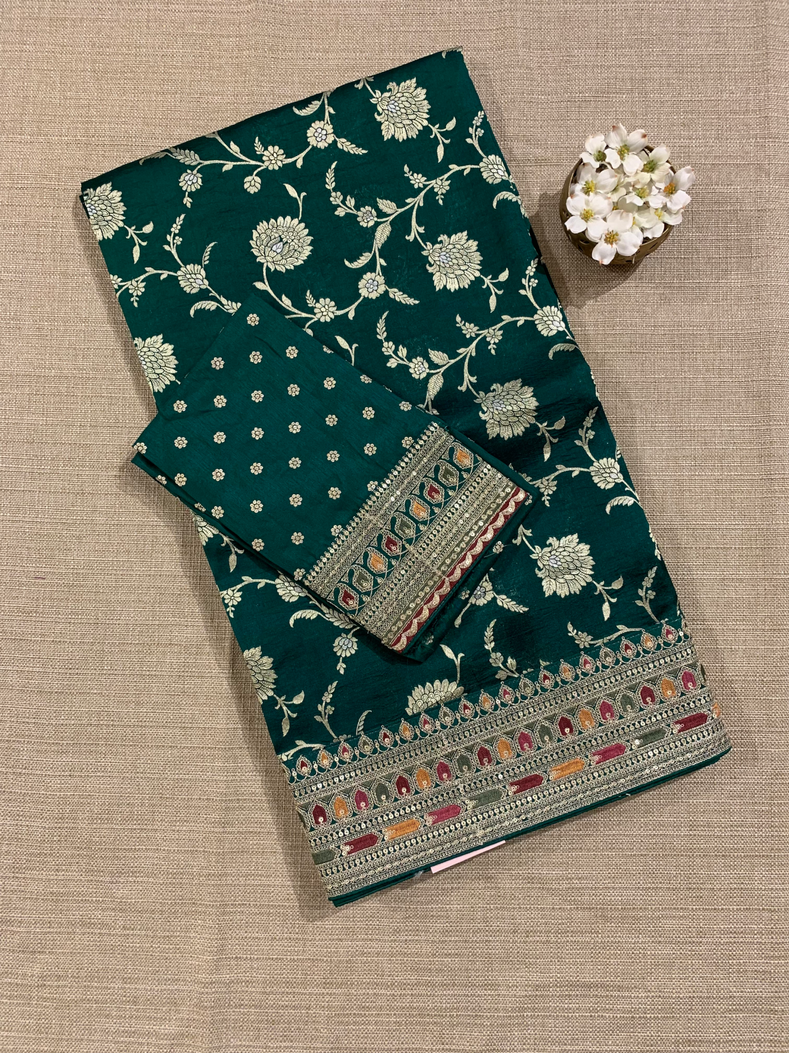 Forest Green Pure Handloom Banarasi Silk Saree With Sabhyasachi Borders & Blouse