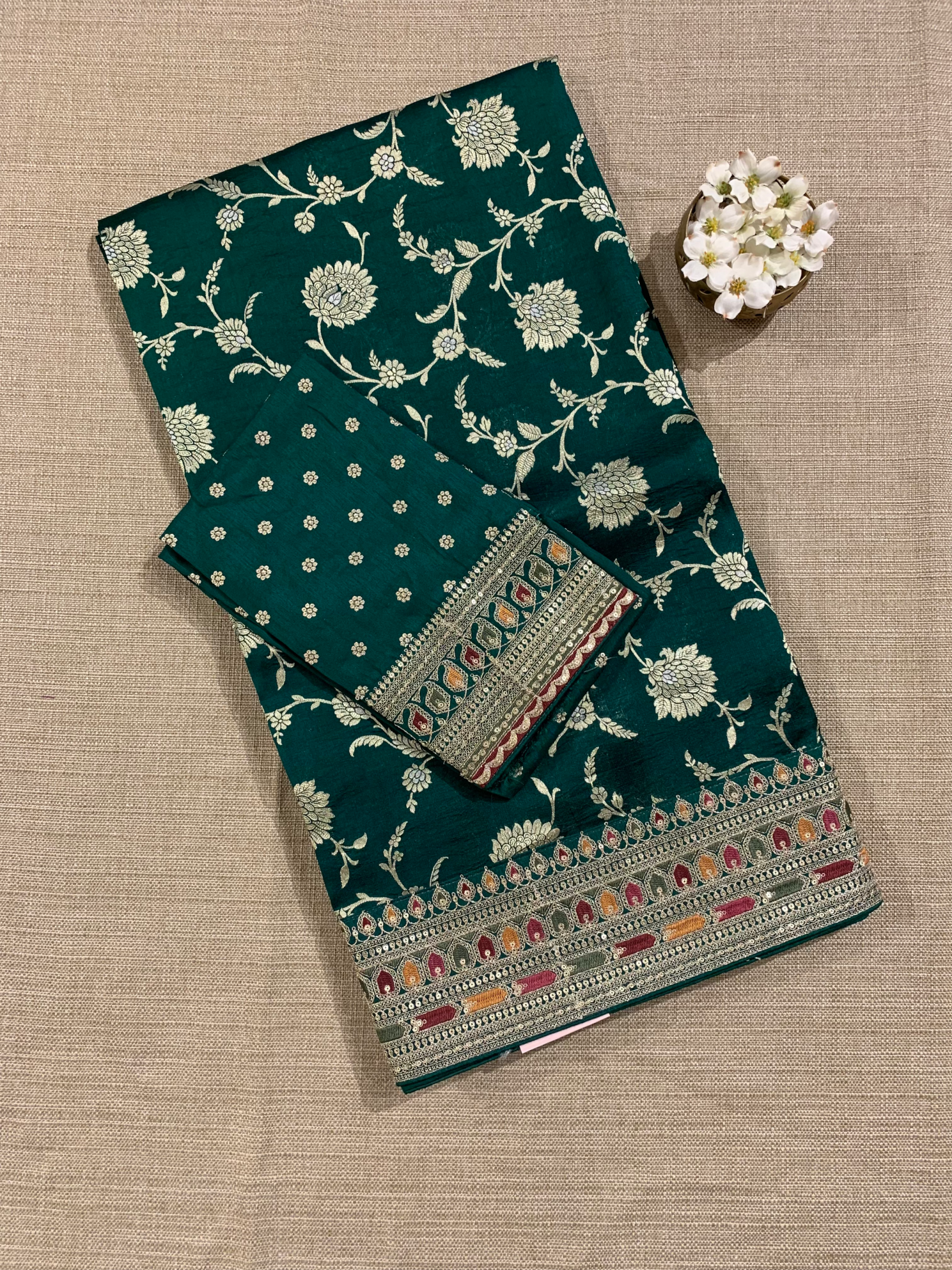 Forest Green Pure Handloom Banarasi Silk Saree With Sabhyasachi Borders & Blouse