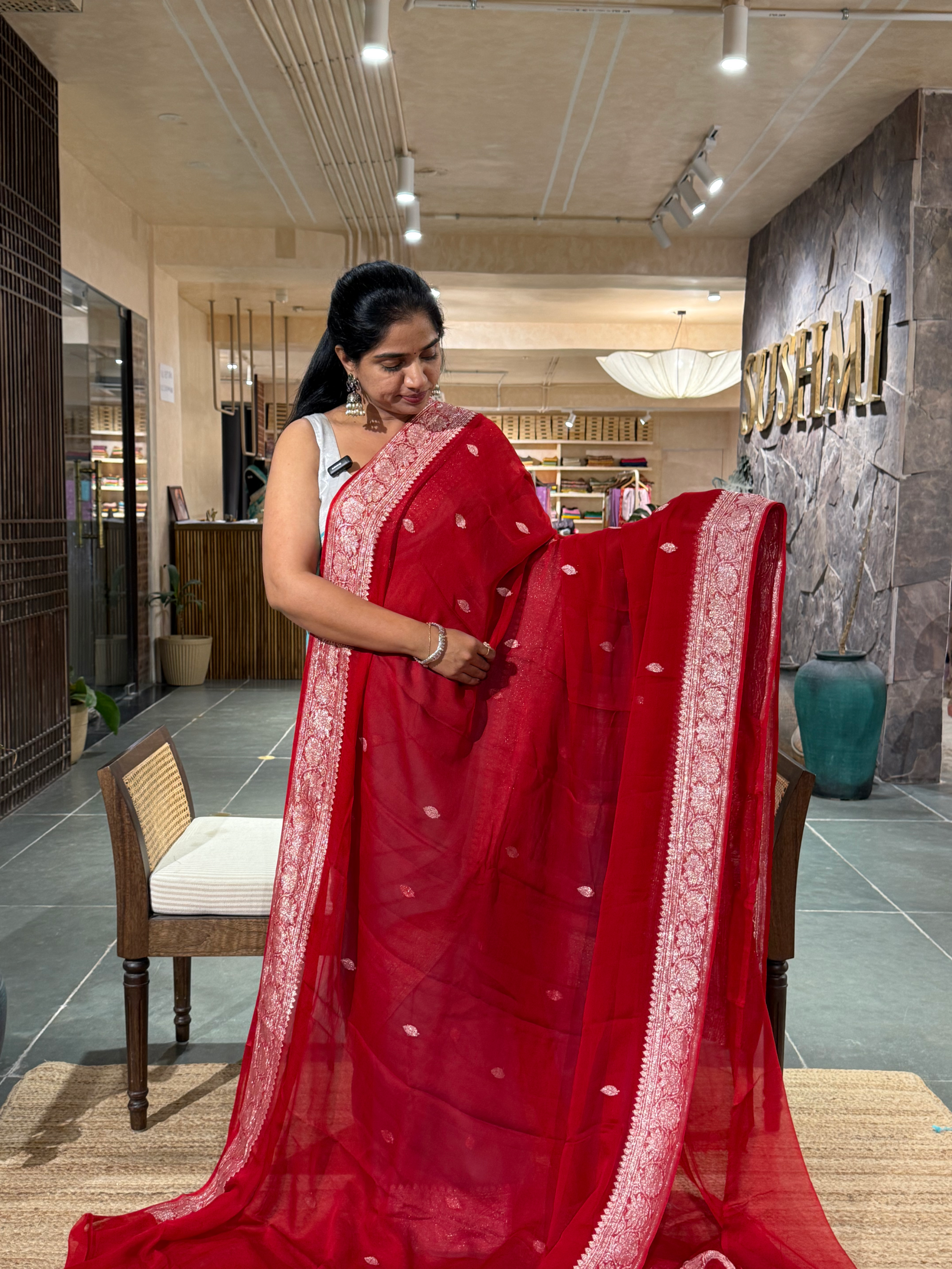 Chilli Red  Banarasi Handloom Khaddi Chiffon Saree with silver