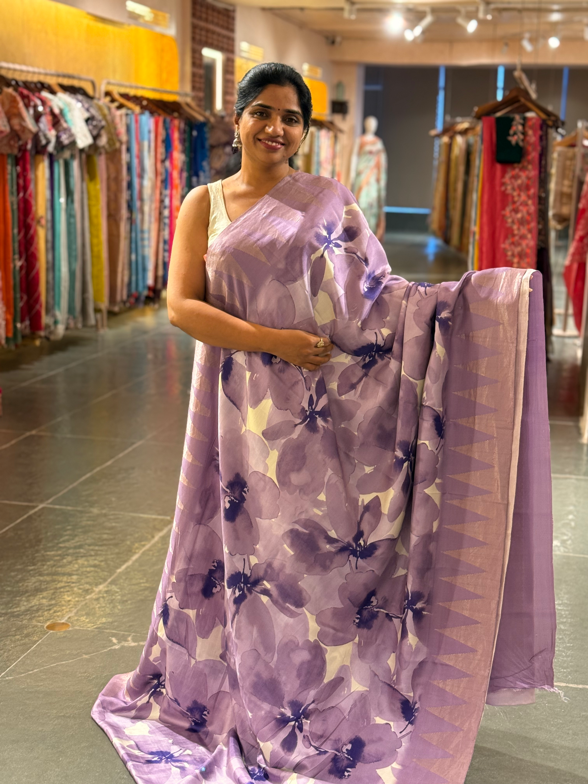 Lilac Printed Kanchi Silk soft drape Saree with temple borders b