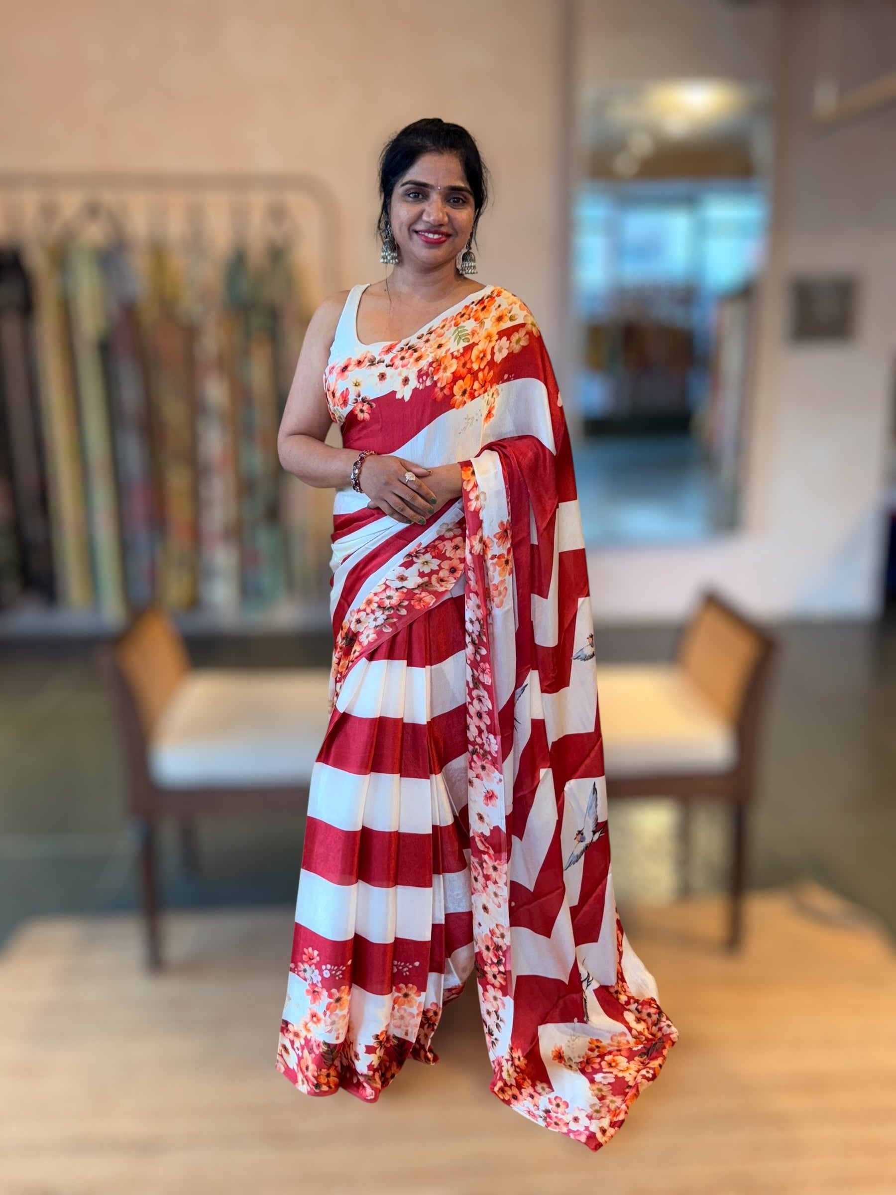 Trisha inspired Chinnon Silk Stripes & Floral Printed Saree