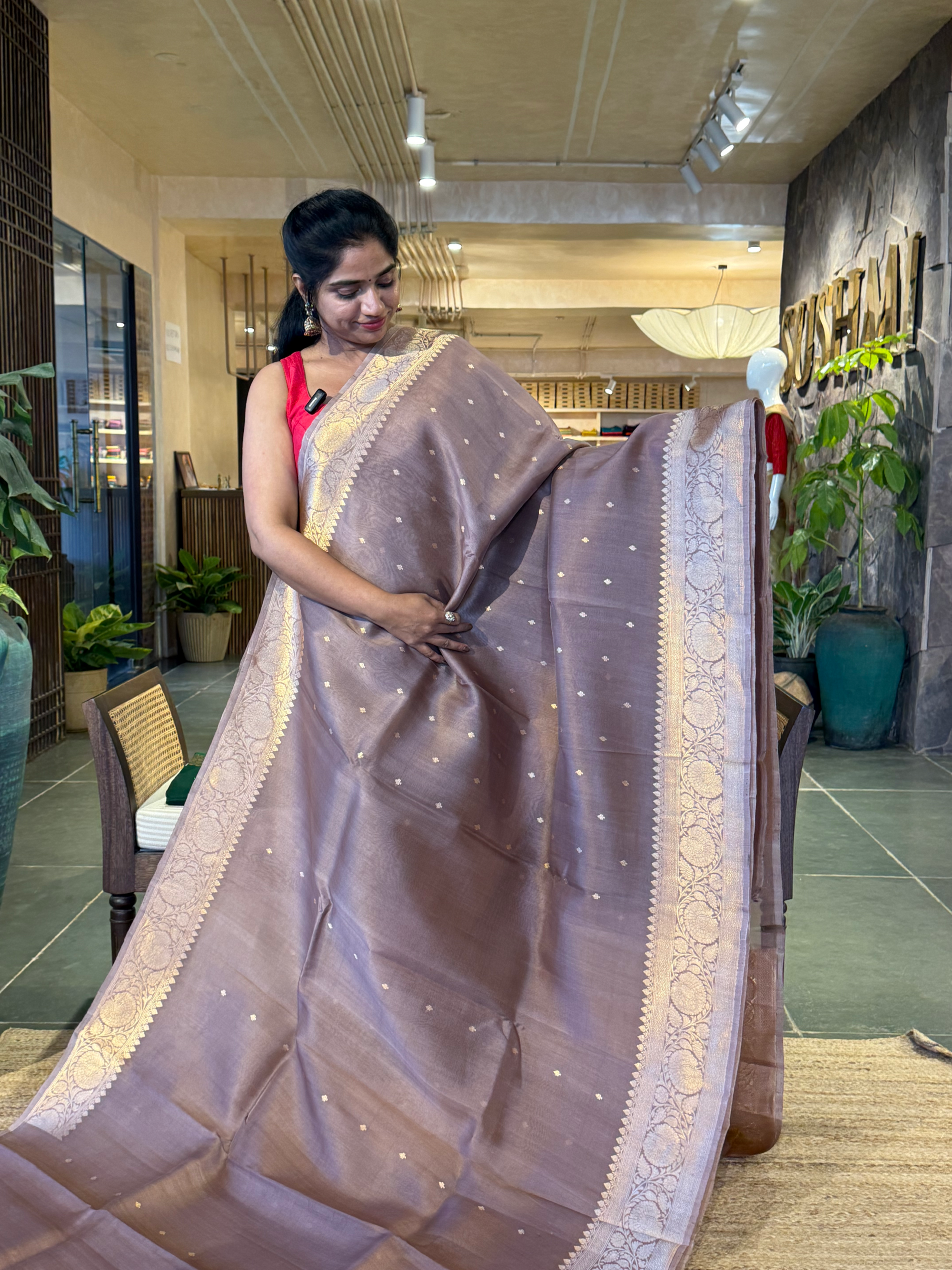 SKBSM226 : English Brown Premium Handloom Kaduwa Woven Kora Banarasi Silk Saree