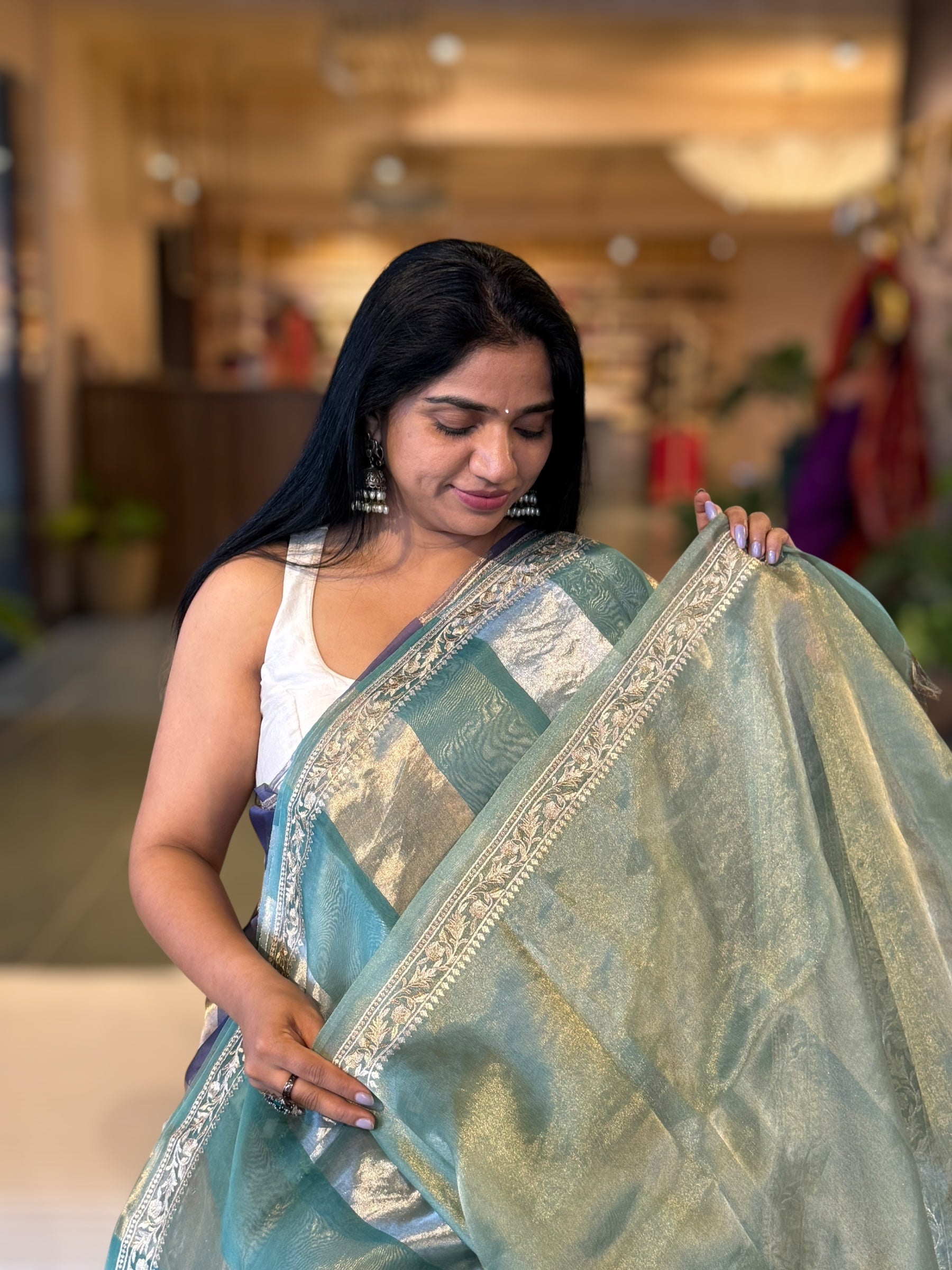 Teal Tissue Stripes Saree With Jamdani  & Pichwai embroidered Border