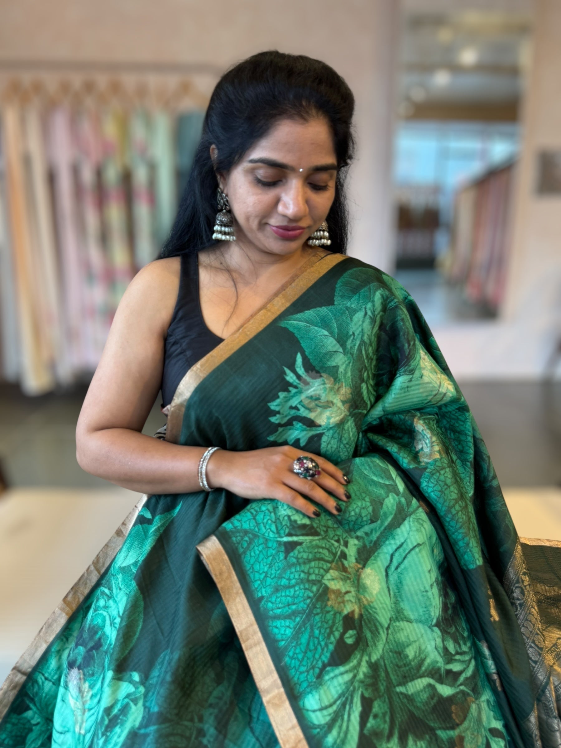Forest Green Kanchi Soft Silk Saree With Statement 3D Rose Print allover