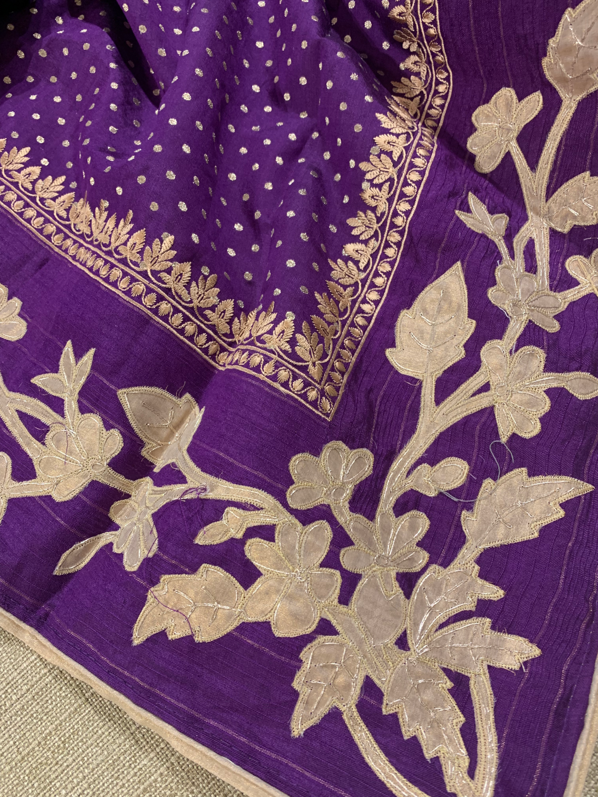 Brinjal Chiniya Silk Saree with Embroidery Border & Applique Creeper Pallu
