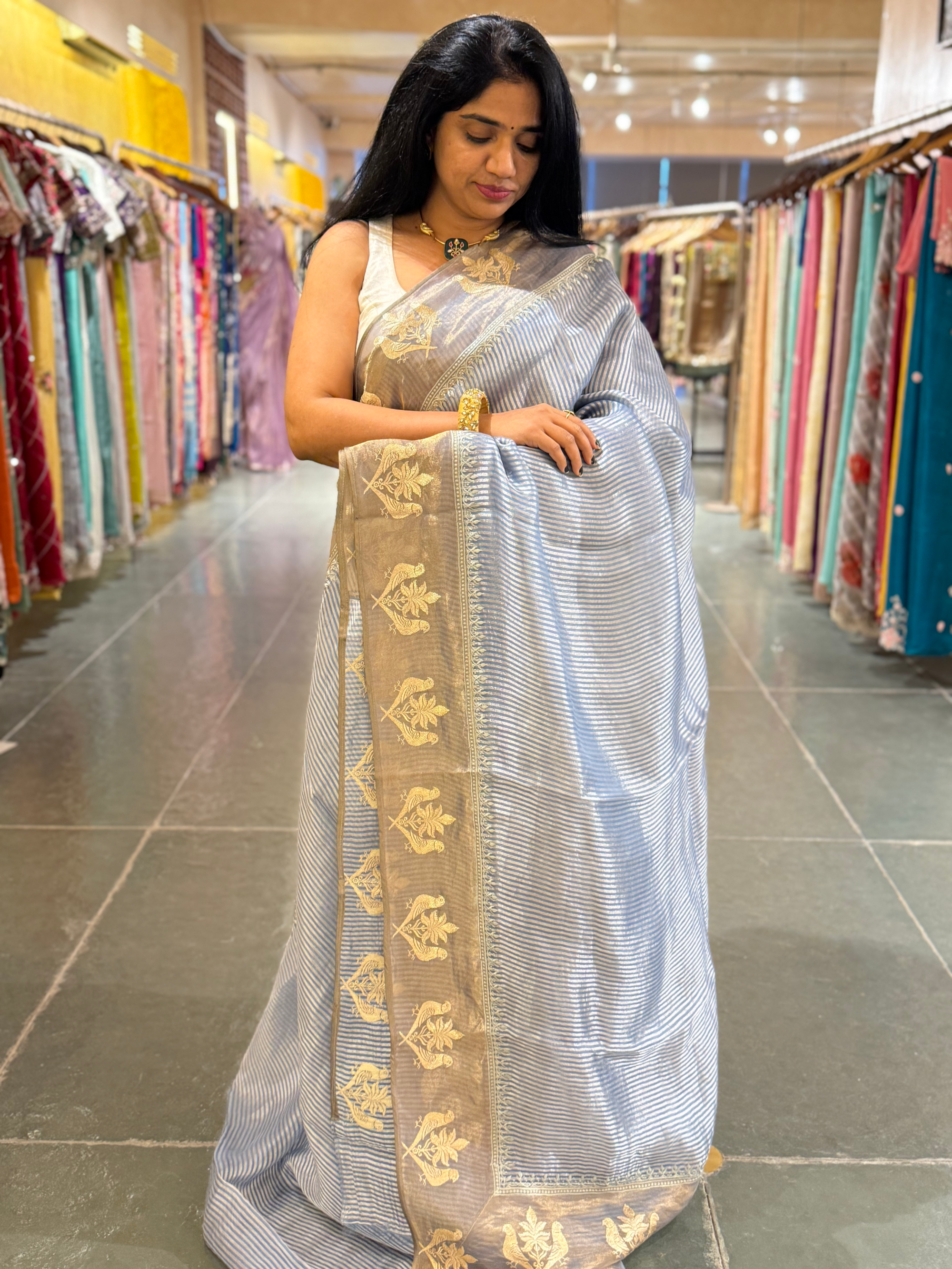 Corn Flower Blue Kora Tissue stripes saree wth tissue Embroidered Border