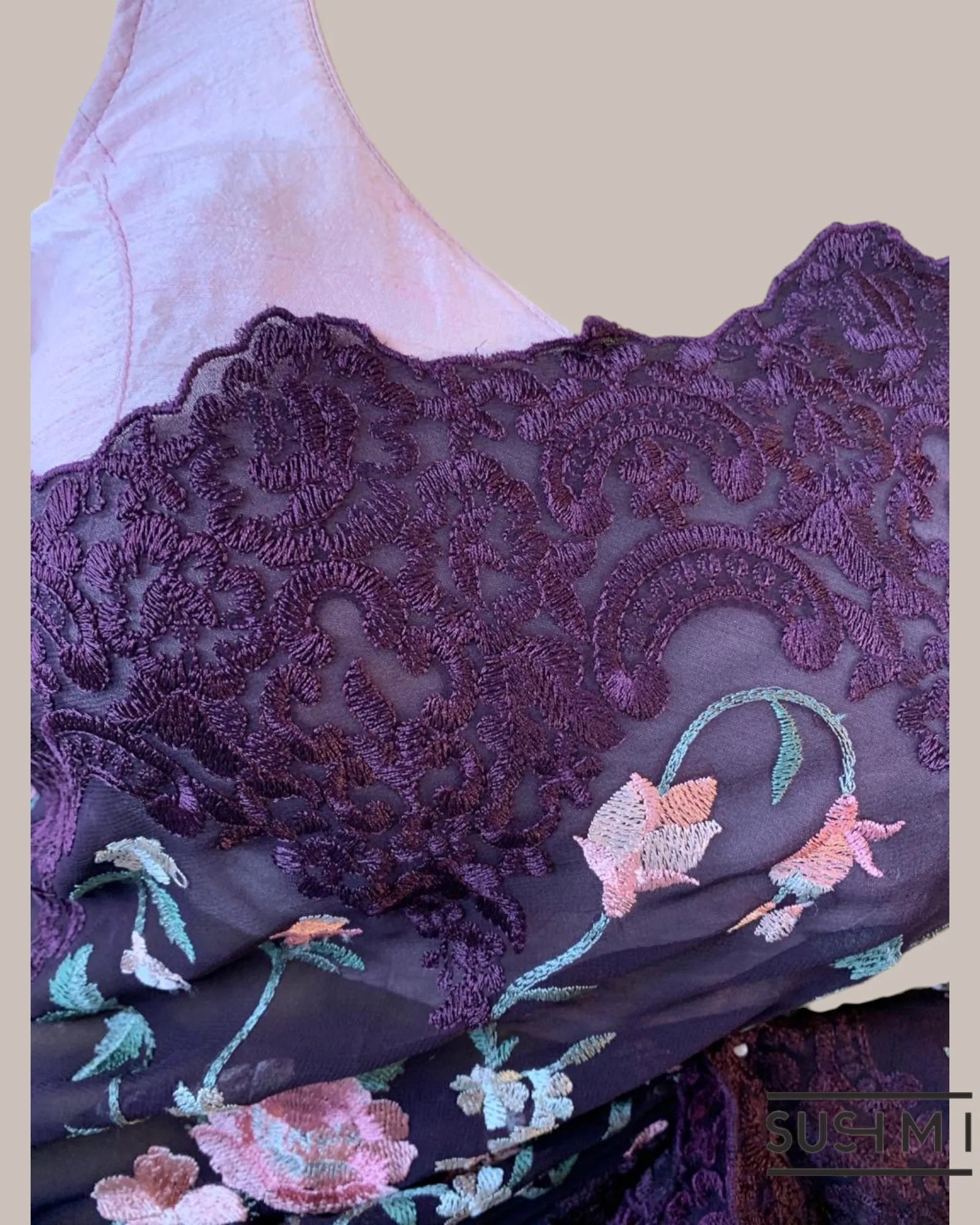 Wine Pure Gorgette Saree With Petite Point Style Allover Embroidery   Original p