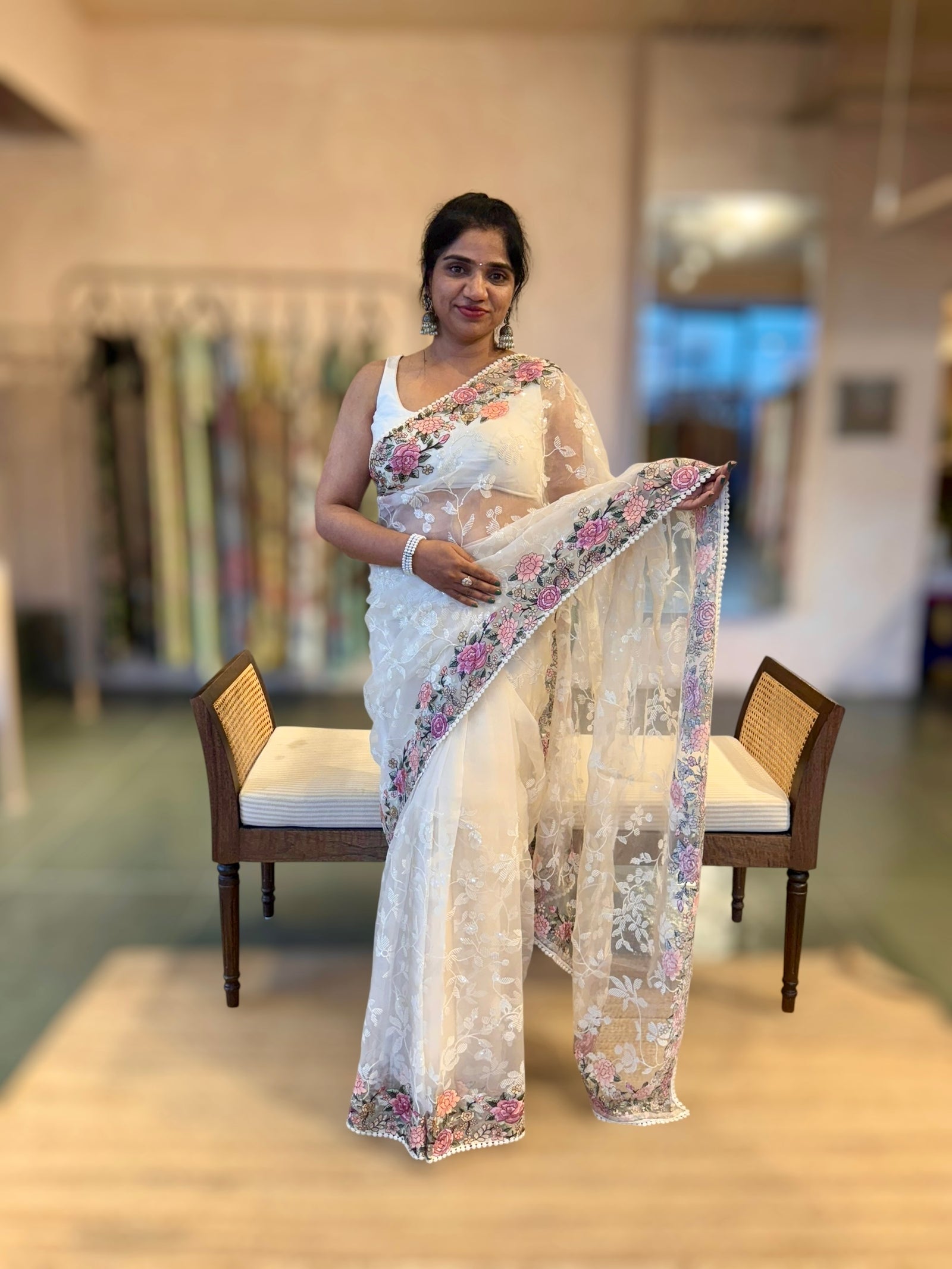 Ivory Organza Saree with Allover Floral Sequence Work & Parsi Embroidered Border