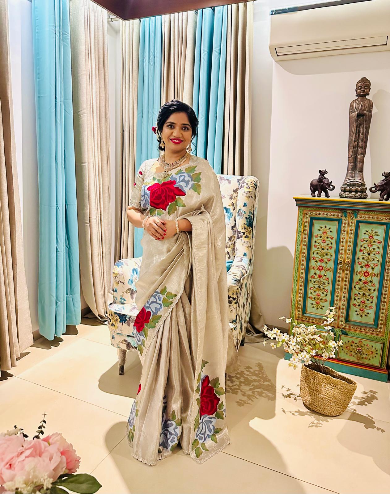 Silver Kanchi Brocade Tissue Saree with Statement Floral Embroidered Roses