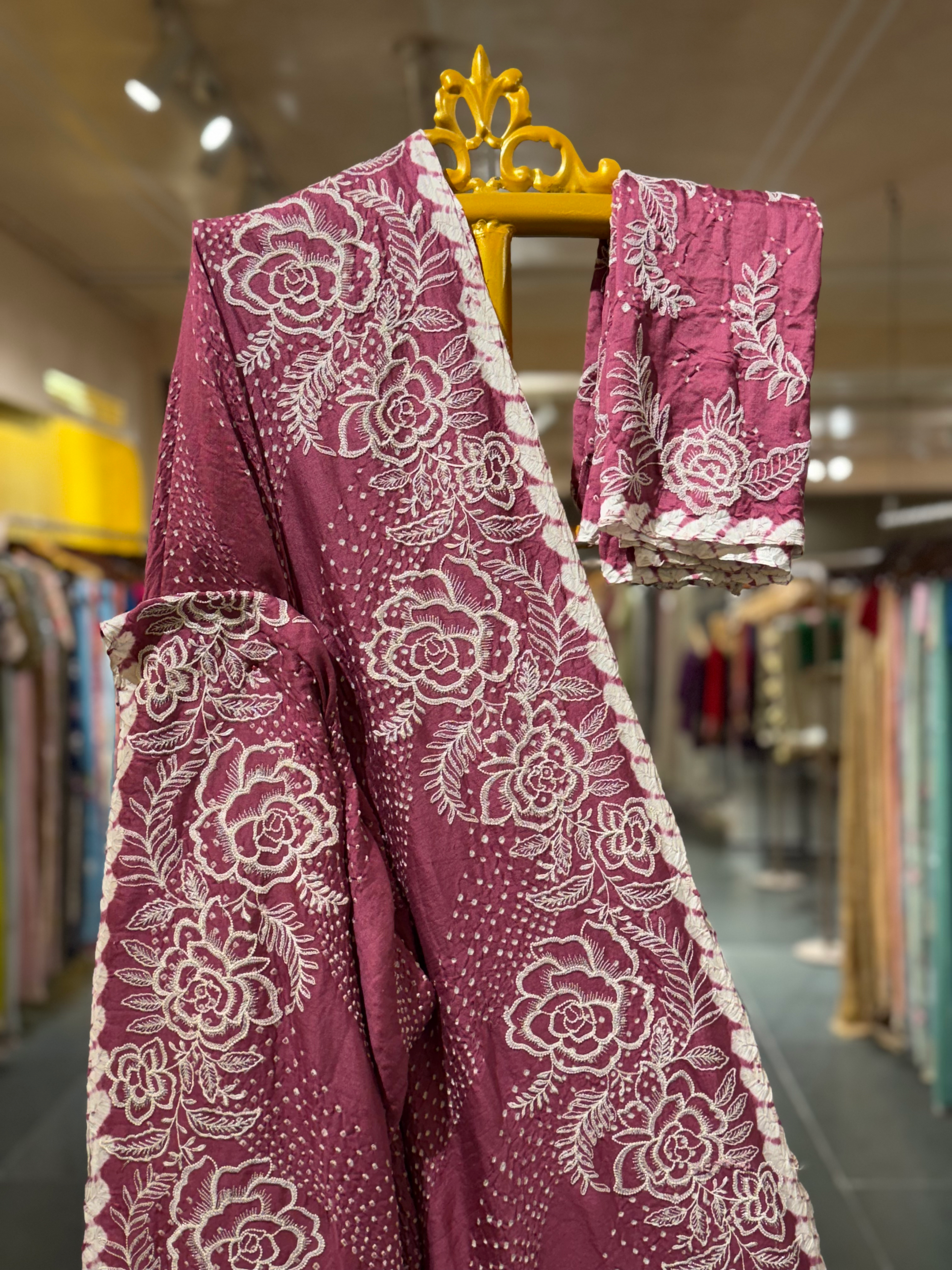 Dark Onion Pink Pure Gajji Silk Rai Bandhej Saree with Outline Embroidery