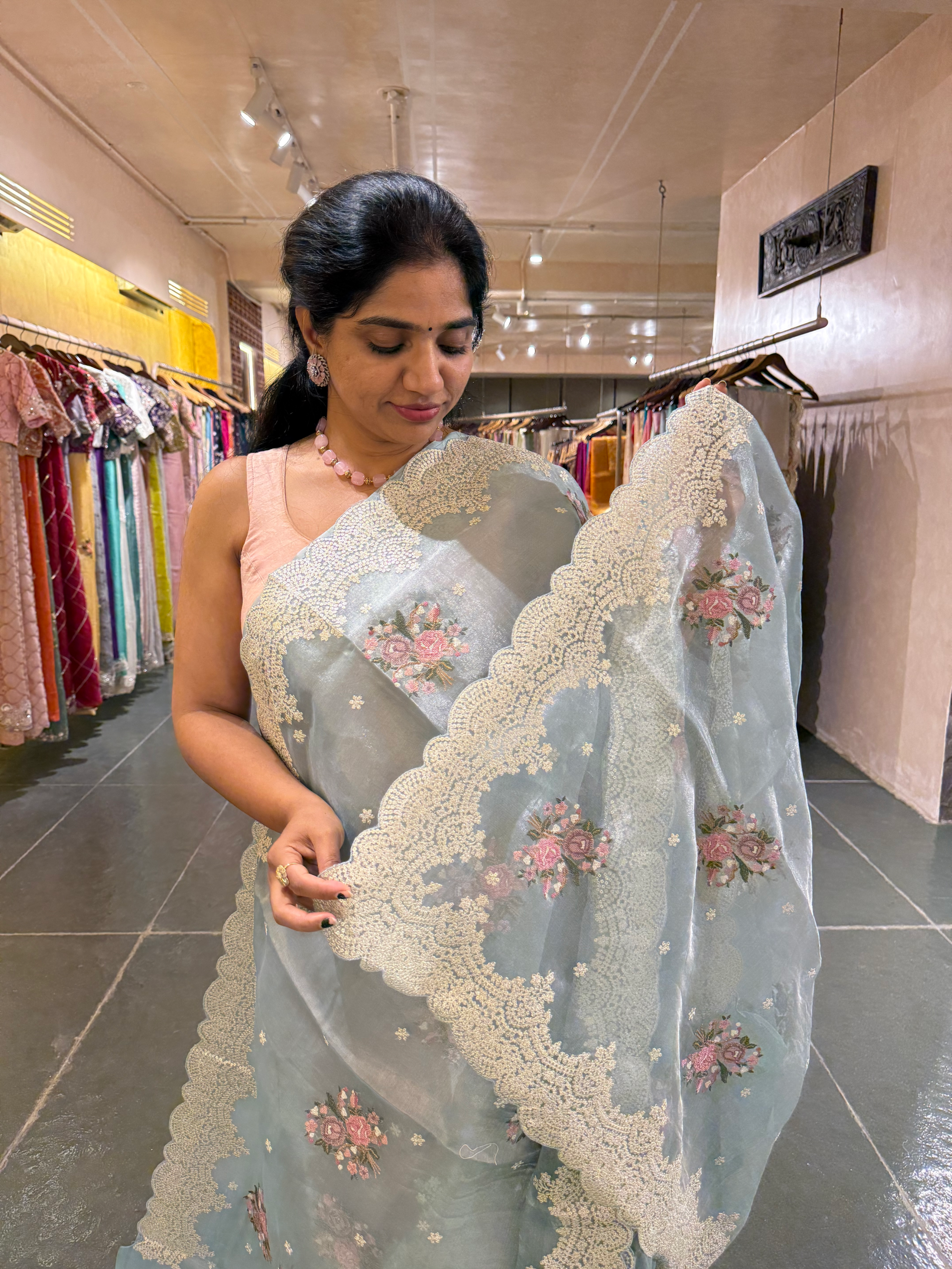 Blue Tissue Saree With allover Petite Point Motifs & Pittai Sequnce Borders