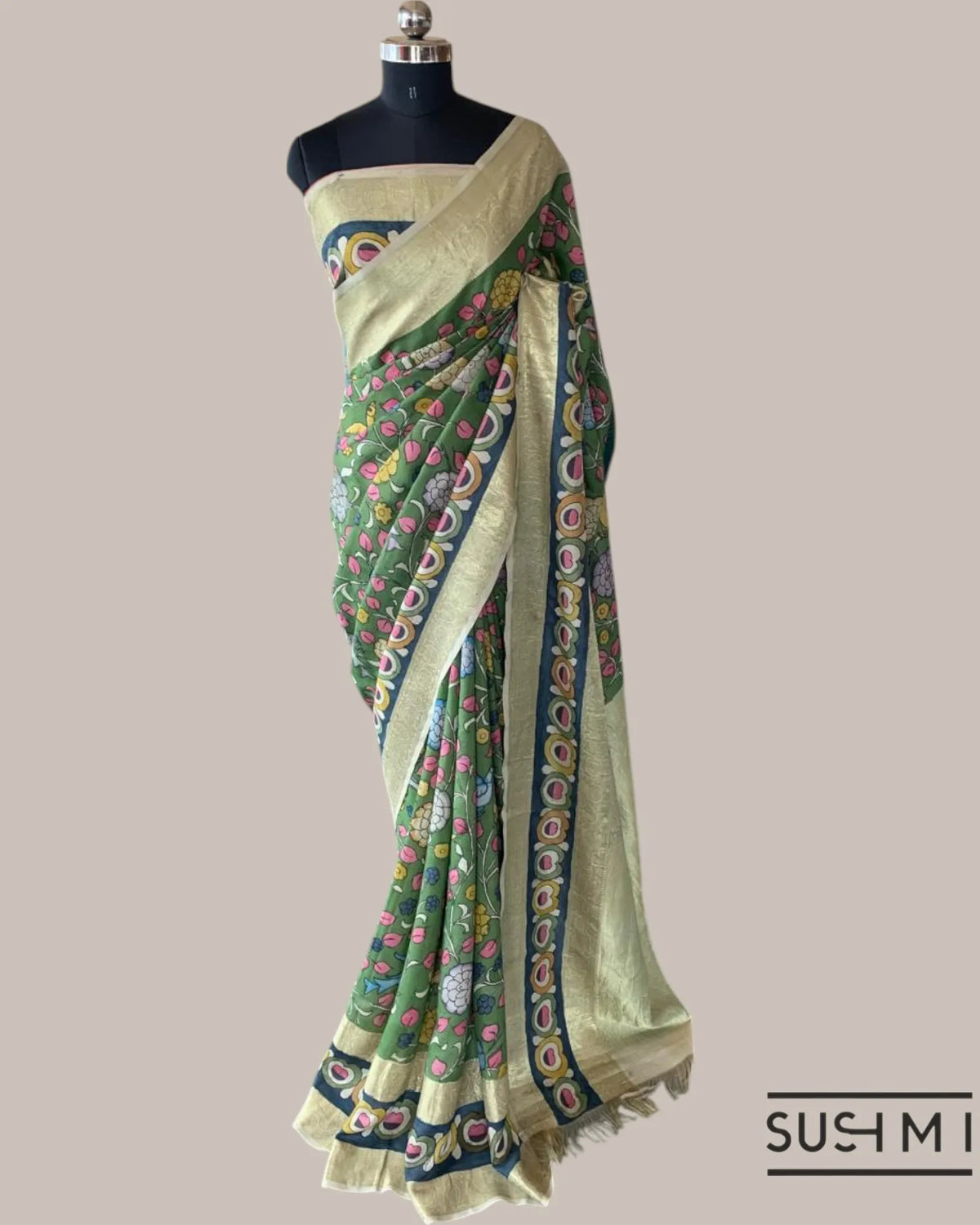 Green Kanchi Pen kalamkari handpainted saree with heavy borders