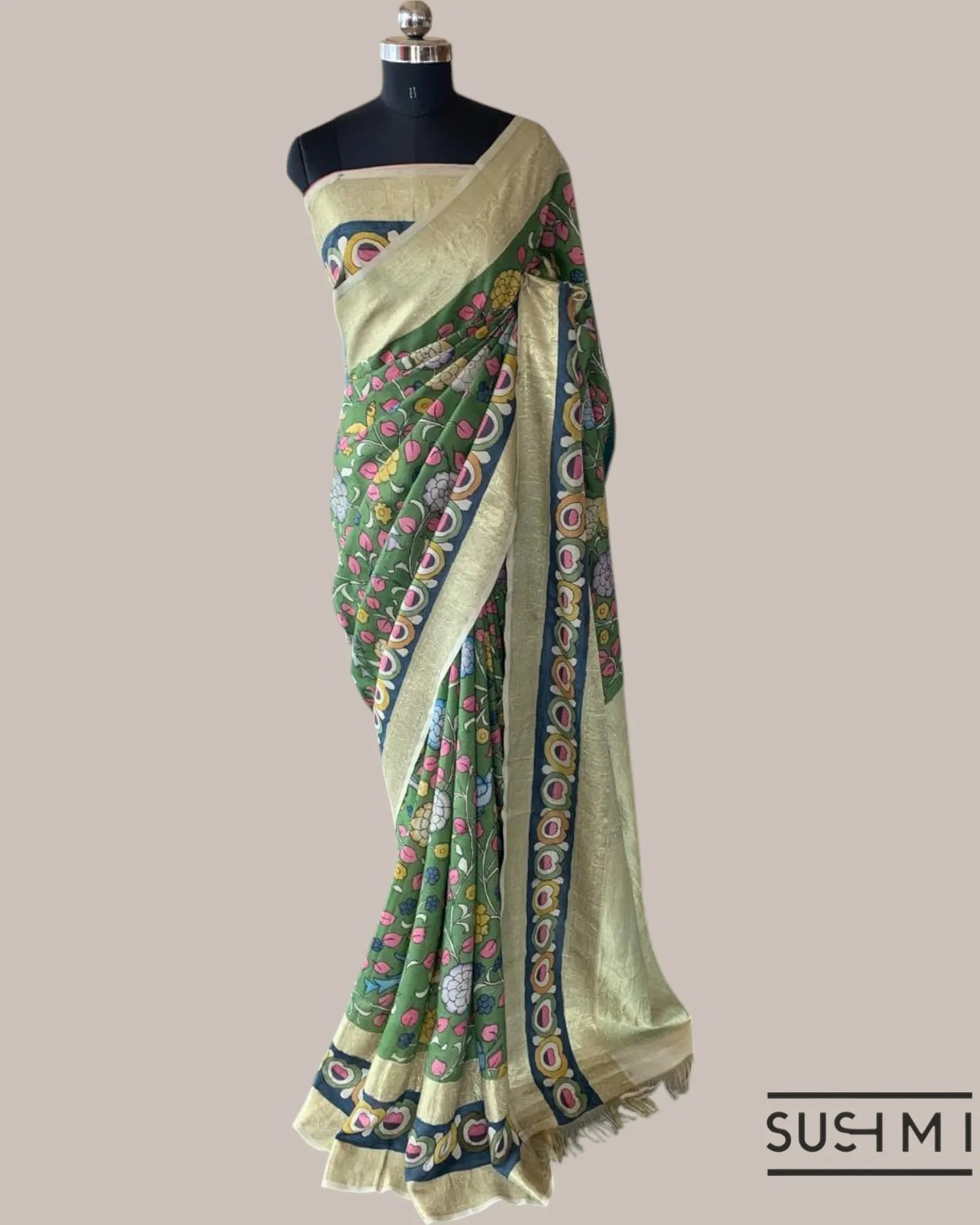 Green Kanchi Pen kalamkari handpainted saree with heavy borders