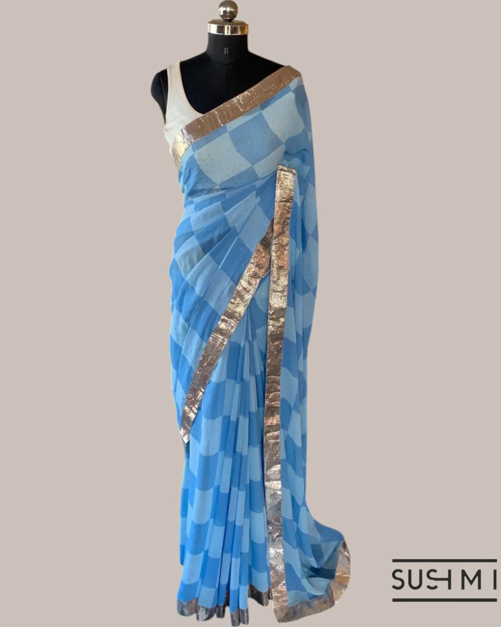 Pure Gorgette Saree in Checks Pattern , Allover Seuence & Hemlined Wth Gota lace