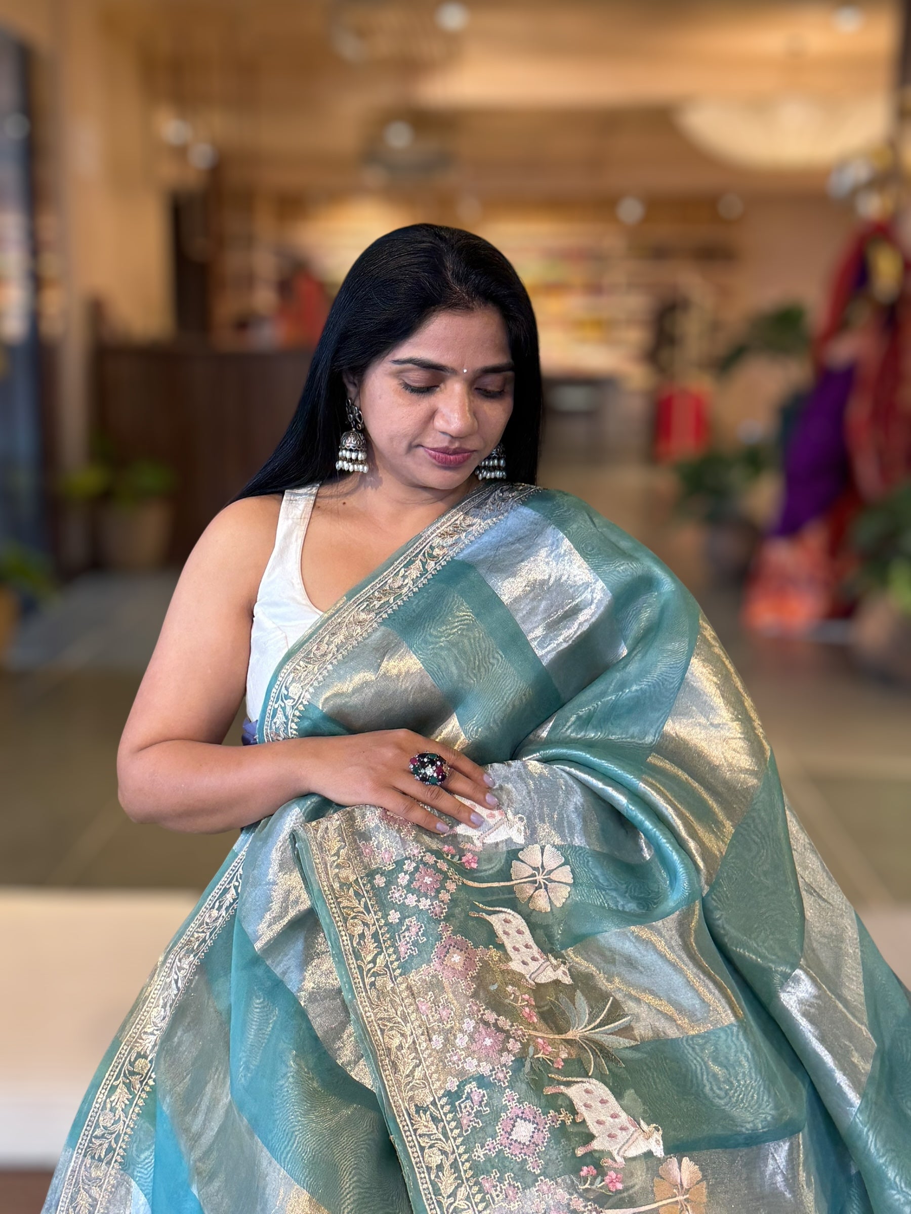 Teal Tissue Stripes Saree With Jamdani  & Pichwai embroidered Border