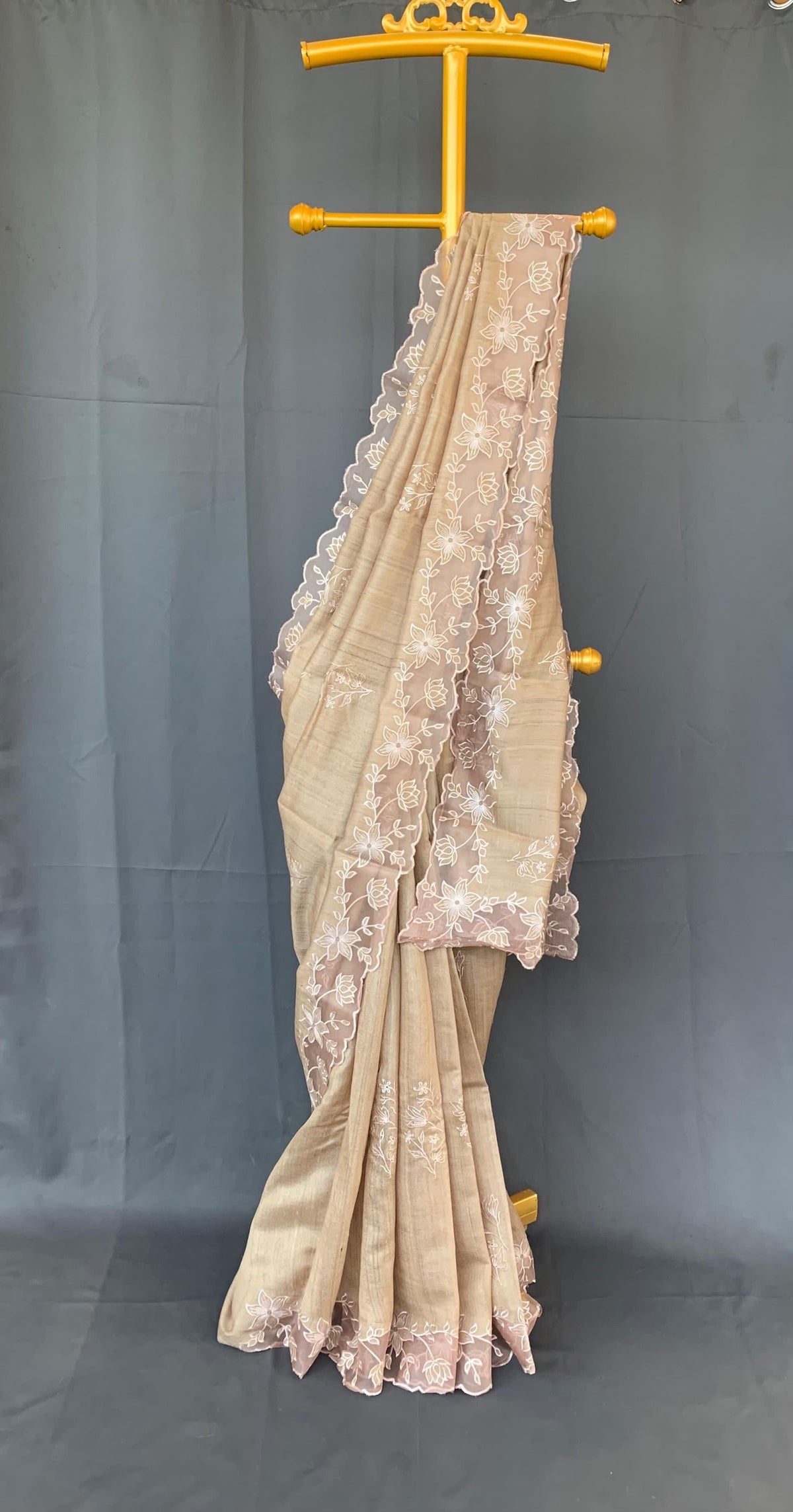 Pure handloom Tussar Designer Saree with Organza Applique Cutwork Border