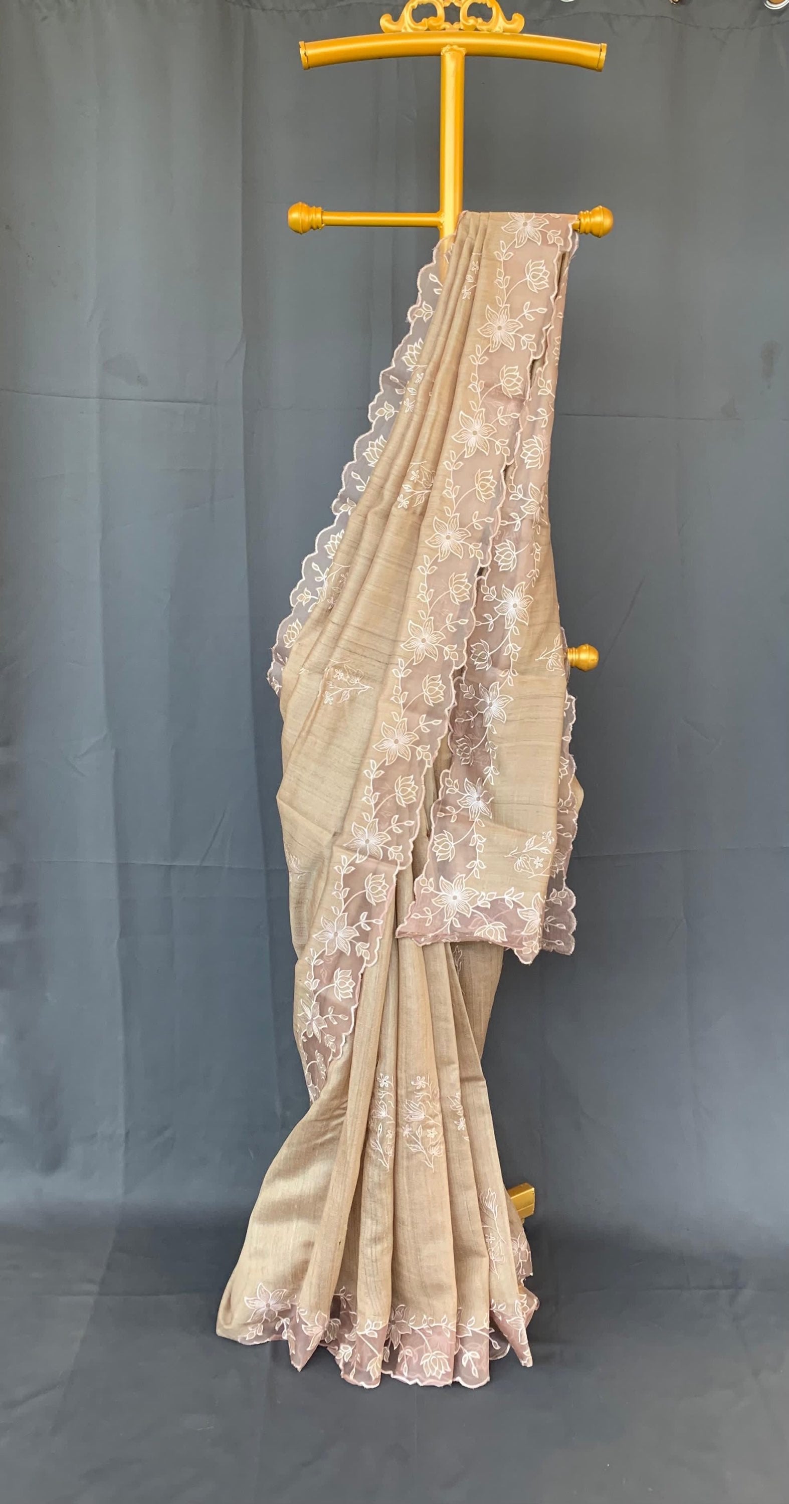 Pure handloom Tussar Designer Saree with Organza Applique Cutwork Border