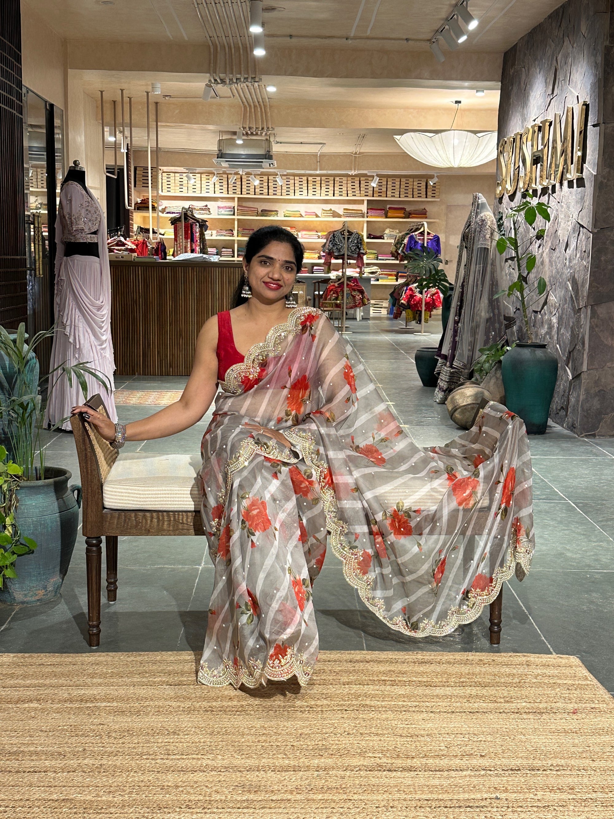 Earthy Tone Pure Organza lehariya Floral Printed With Handwork Border