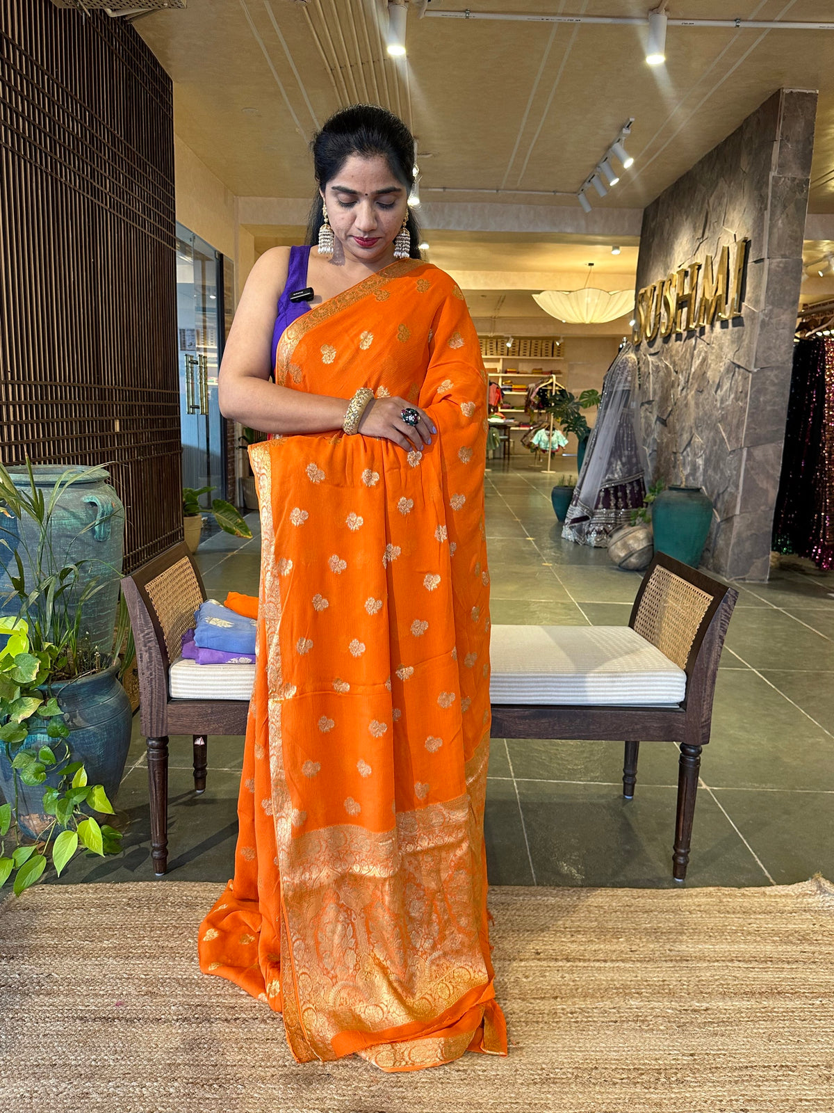 Orange Banarasi Chiffon Saree