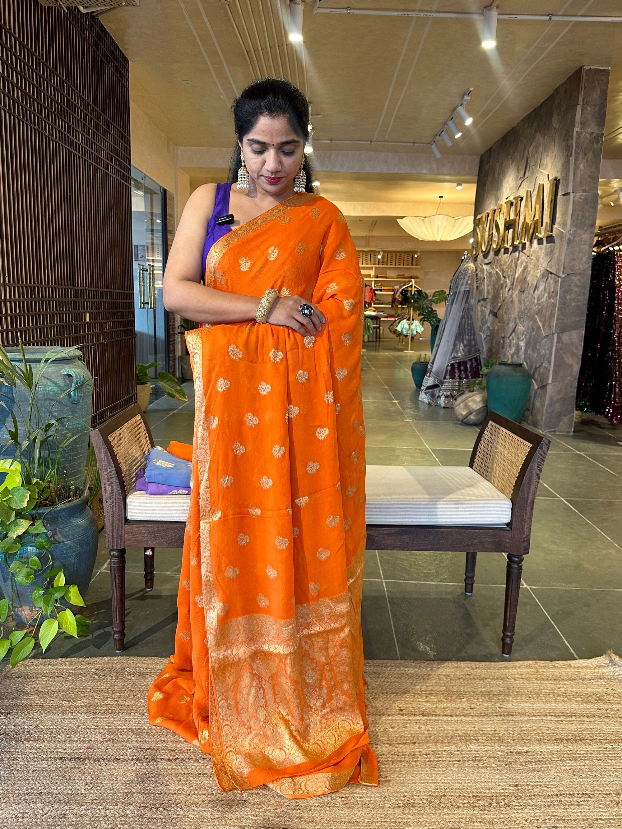Orange Banarasi Chiffon Saree