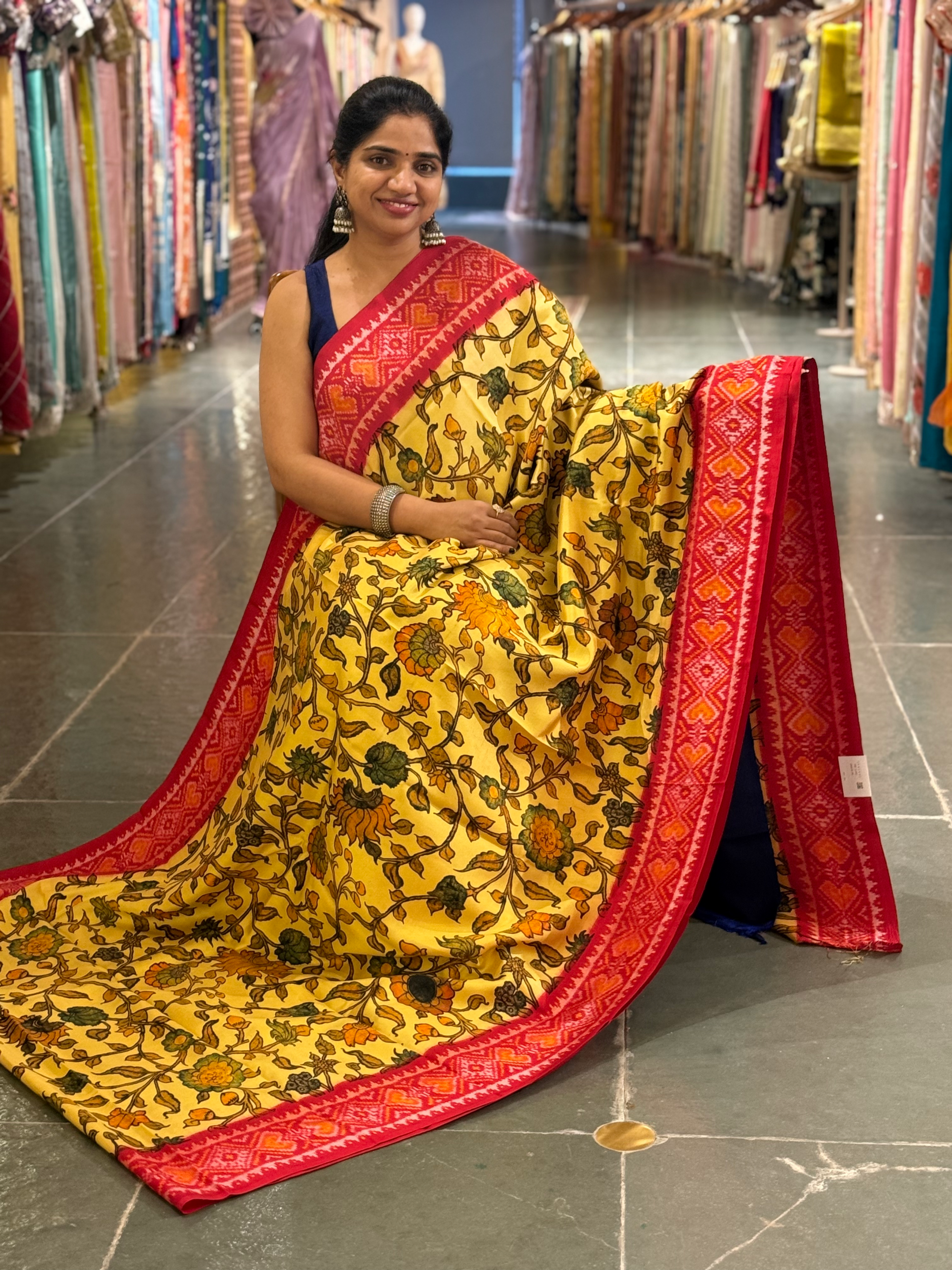 Ikkath Patola Sarees with Pen Kalamkari Style Digital  Prints