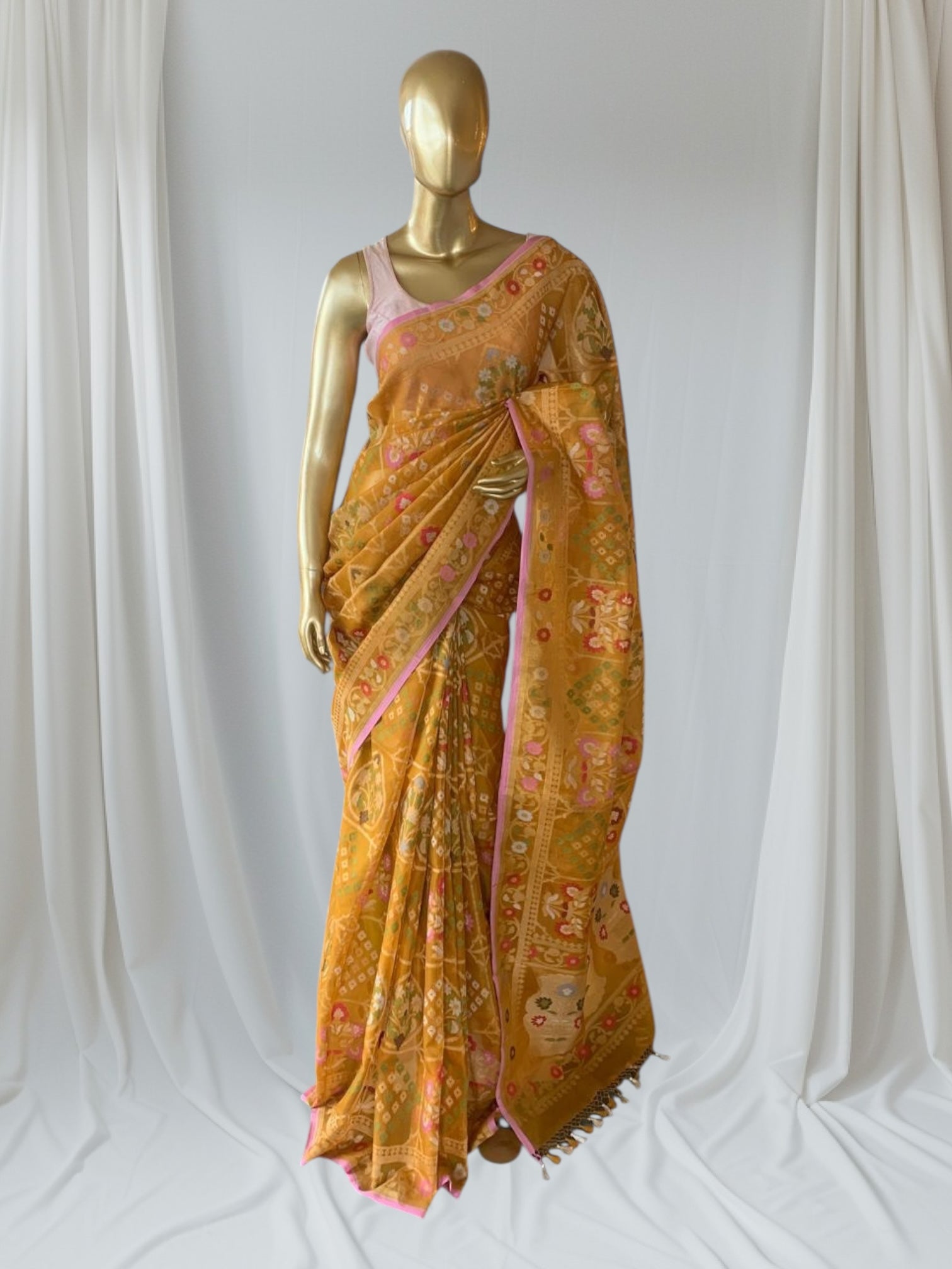 Mustard Banarasi Handloom Kora  Cut Jamdani Saree With Allover Meenakari