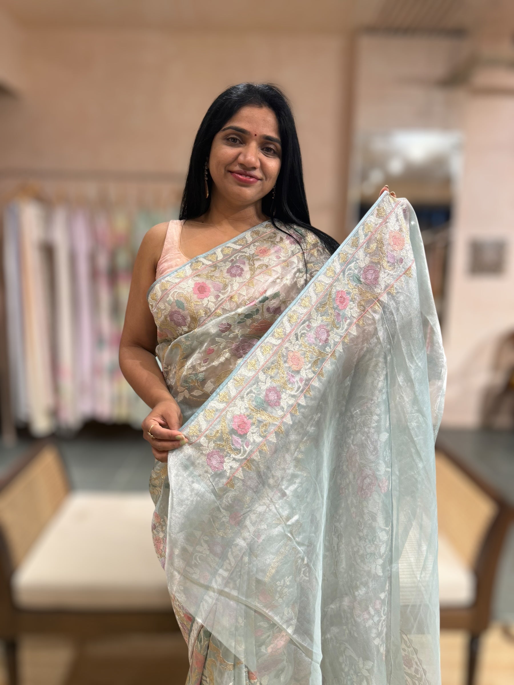 Powder Blue Pure Tissue With Jamdani Inspired Allover Embroidery