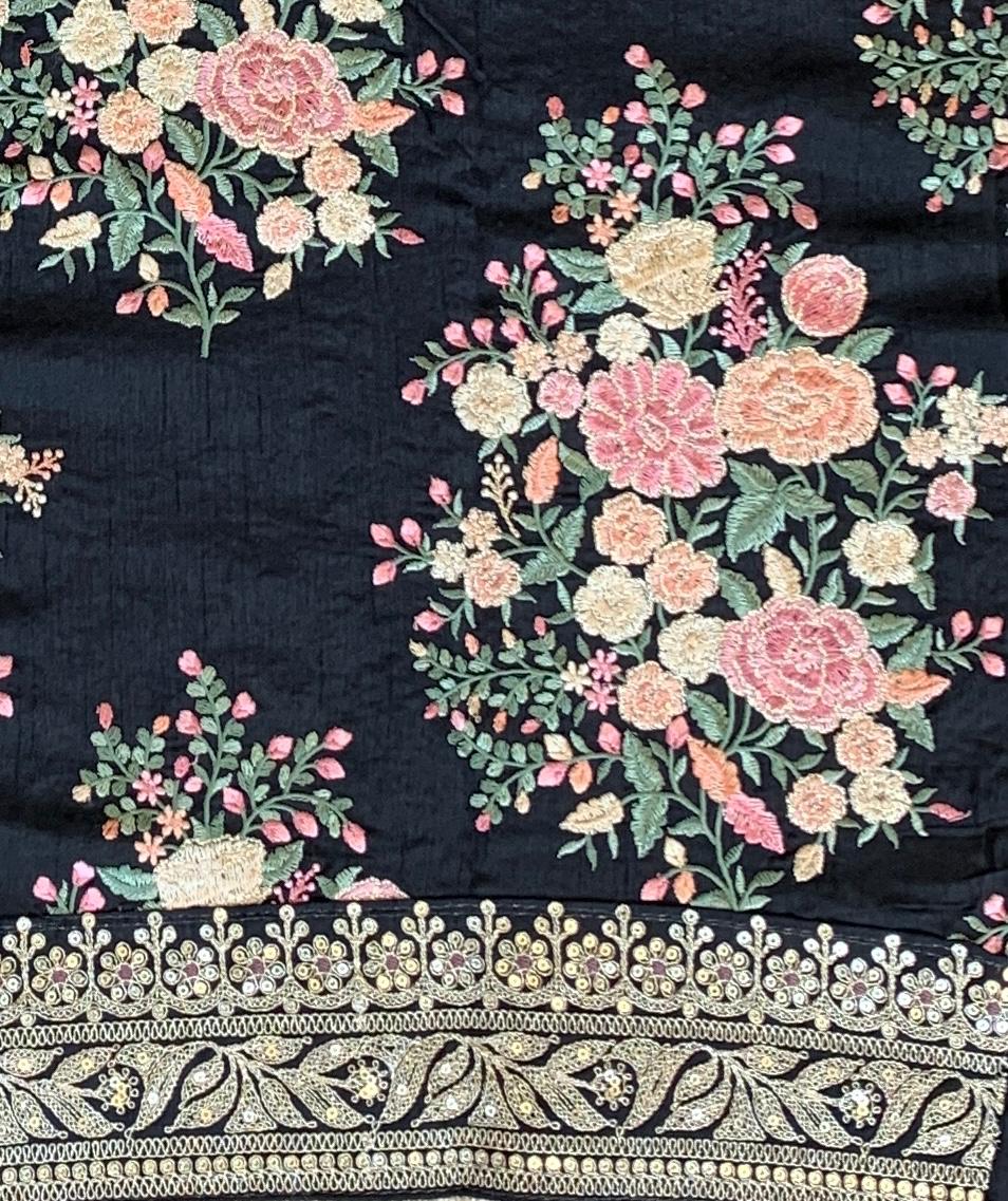 Black Pure Satin Silk Saree With Sabhya Borders & Allover Emb Blouse