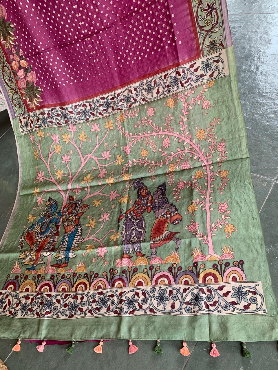 Tussar Bandhini Saree With Pen kalamkari Border & Petite Point Emb Blouse