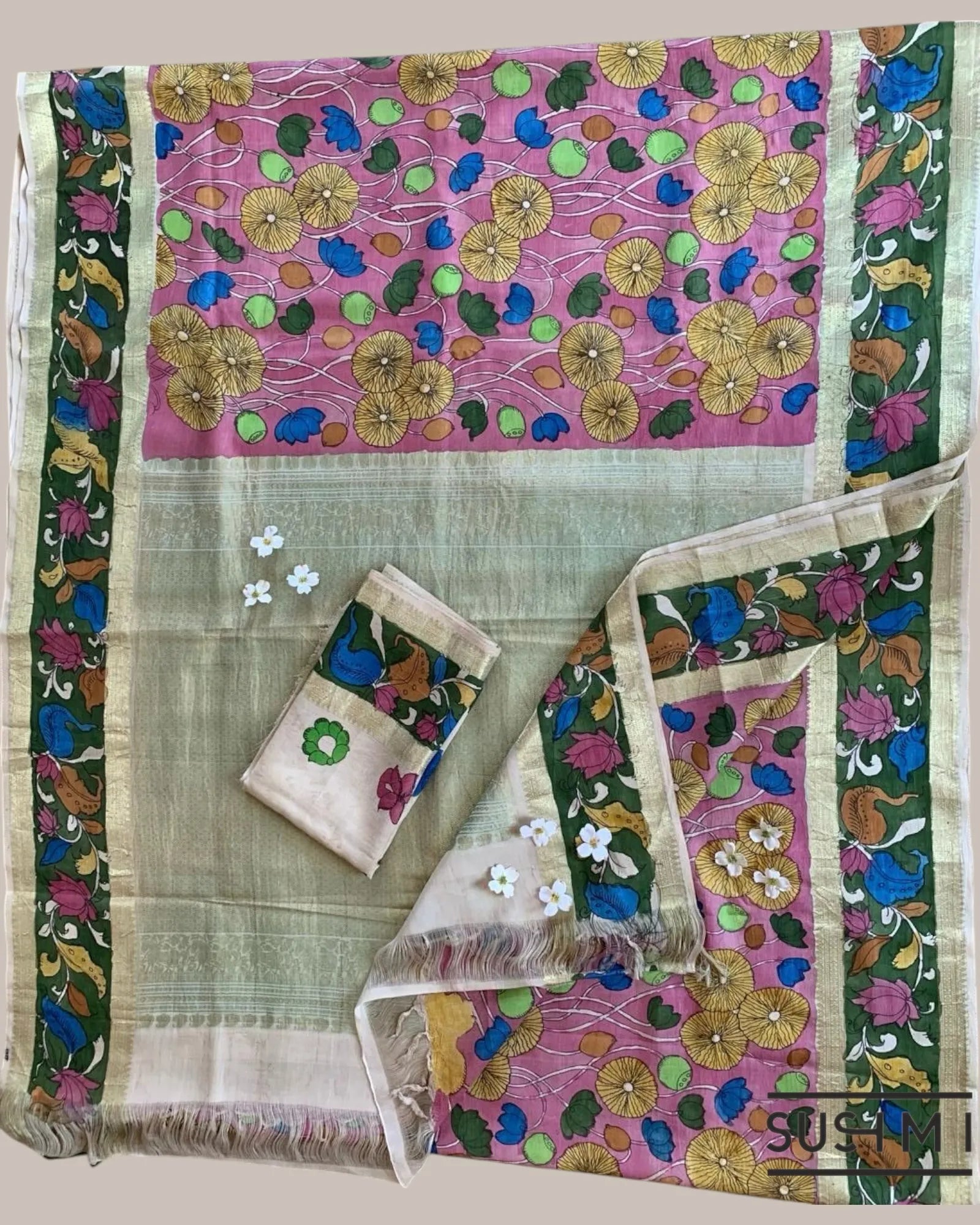 Pink Kanchi Pen kalamkari handpainted saree with heavy border