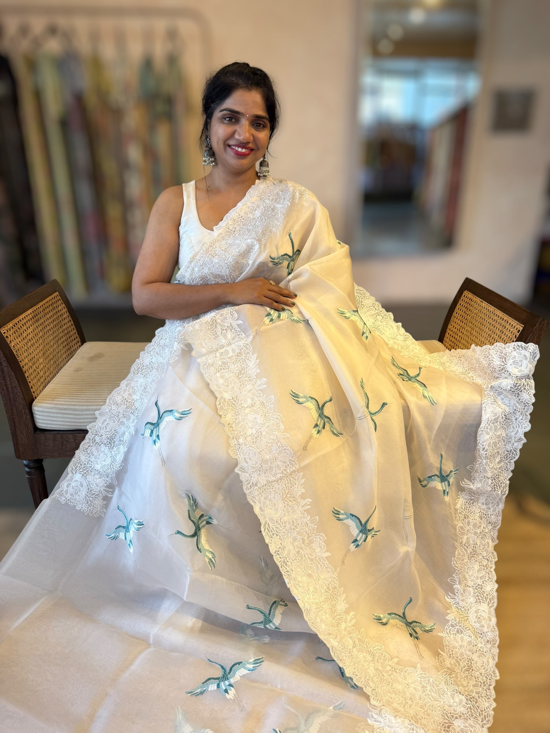 Ivory Organza Saree with Cutwork Borders & Blue Cranes