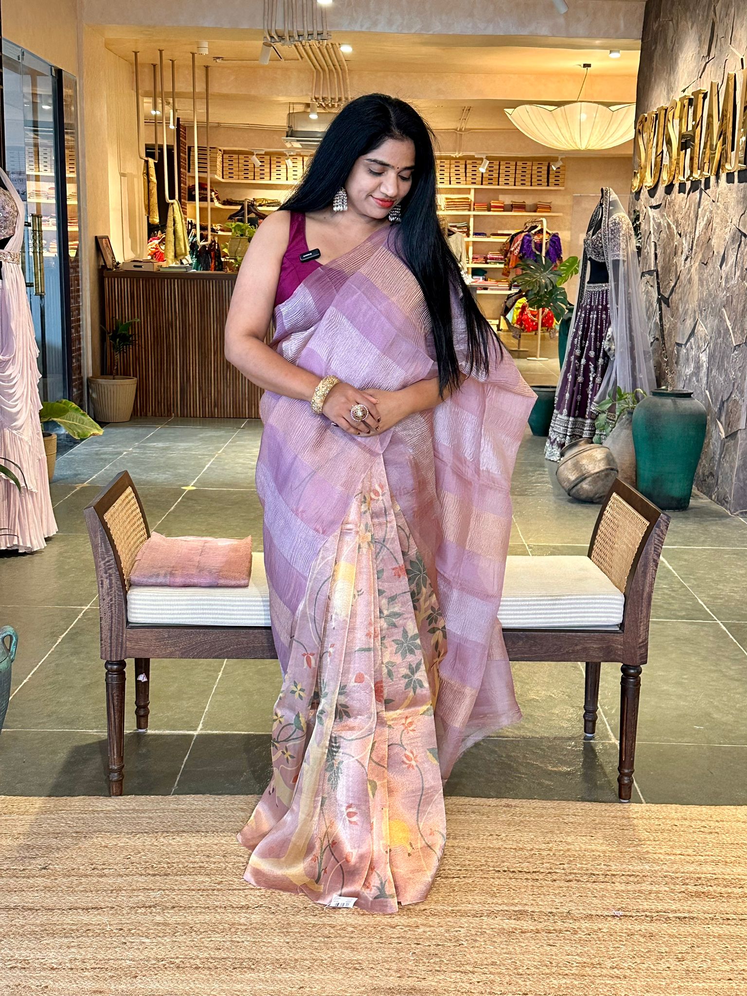 Lavenderish Pink Premium Banarasi Printed Tissue Saree in half and half style
