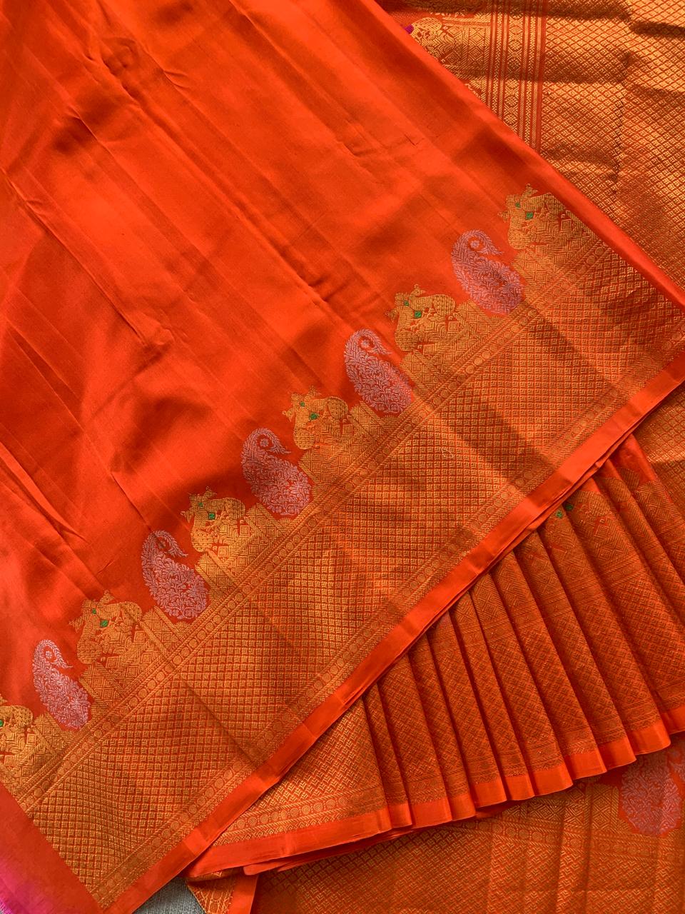 Orange  Pure Handloom Gadwal Saree Turning Borders