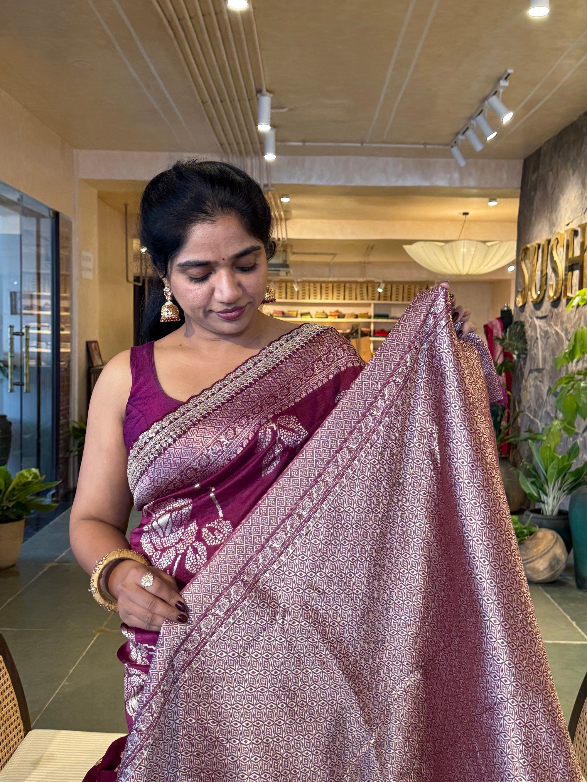 Wine Tussar Khaddi Saree with Allover weaving and sabhyasachi borders STKM15